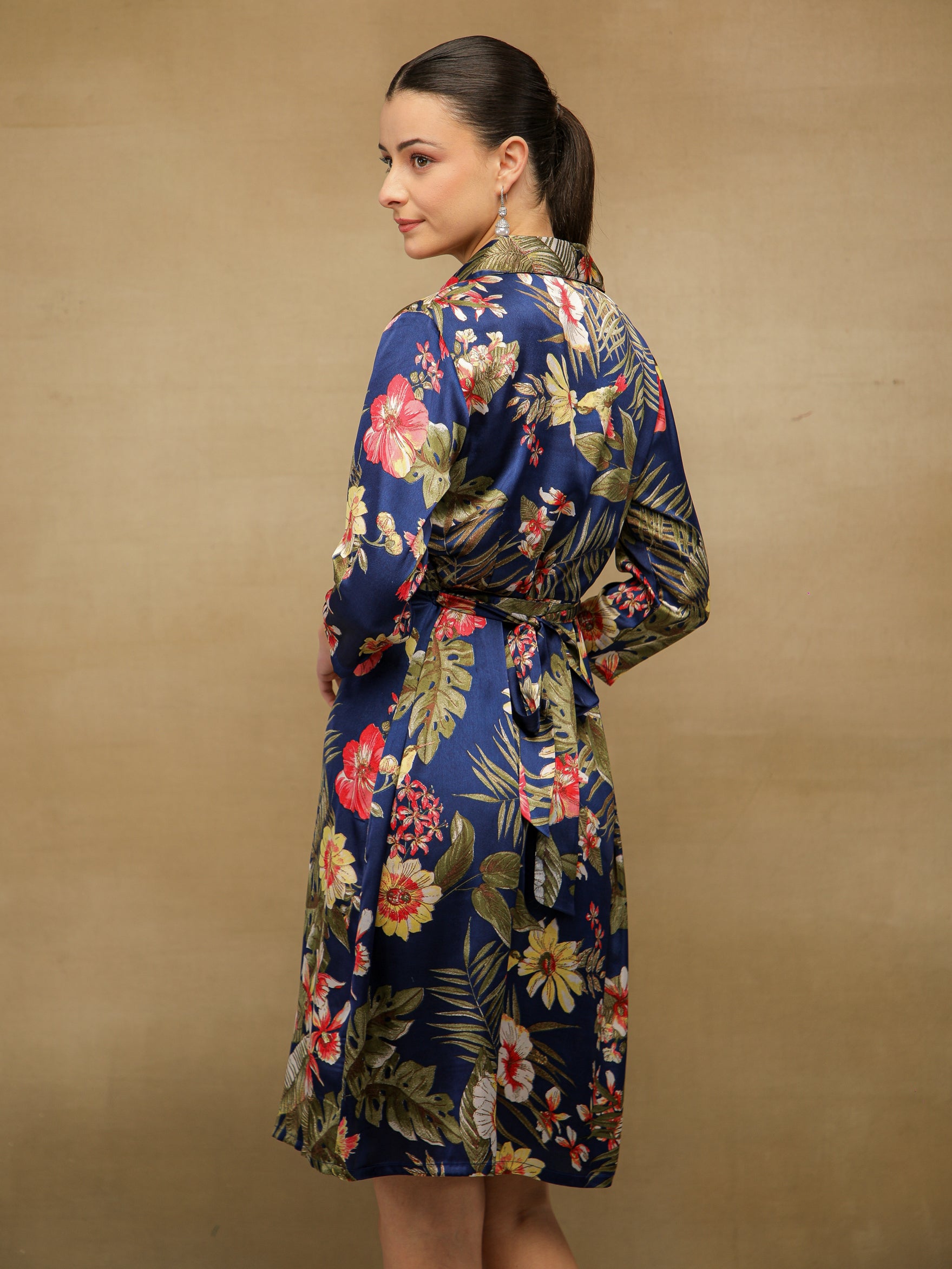 Palm Breeze Navy Midi Satin Dress