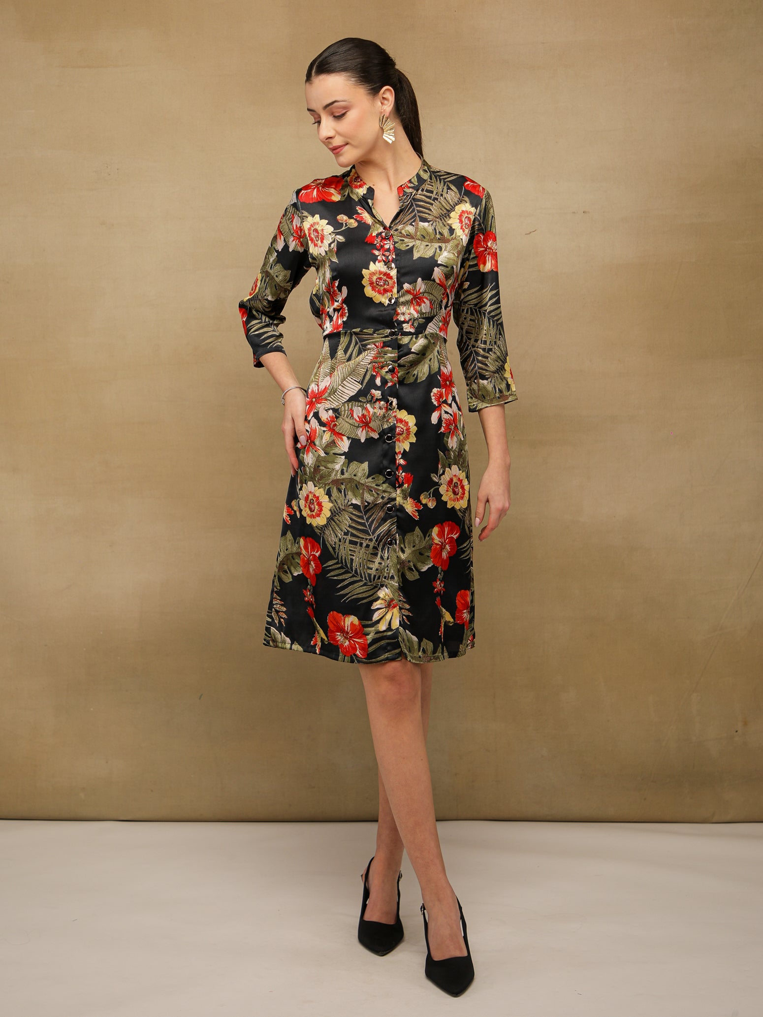 Palm Breeze Black Midi Satin Dress