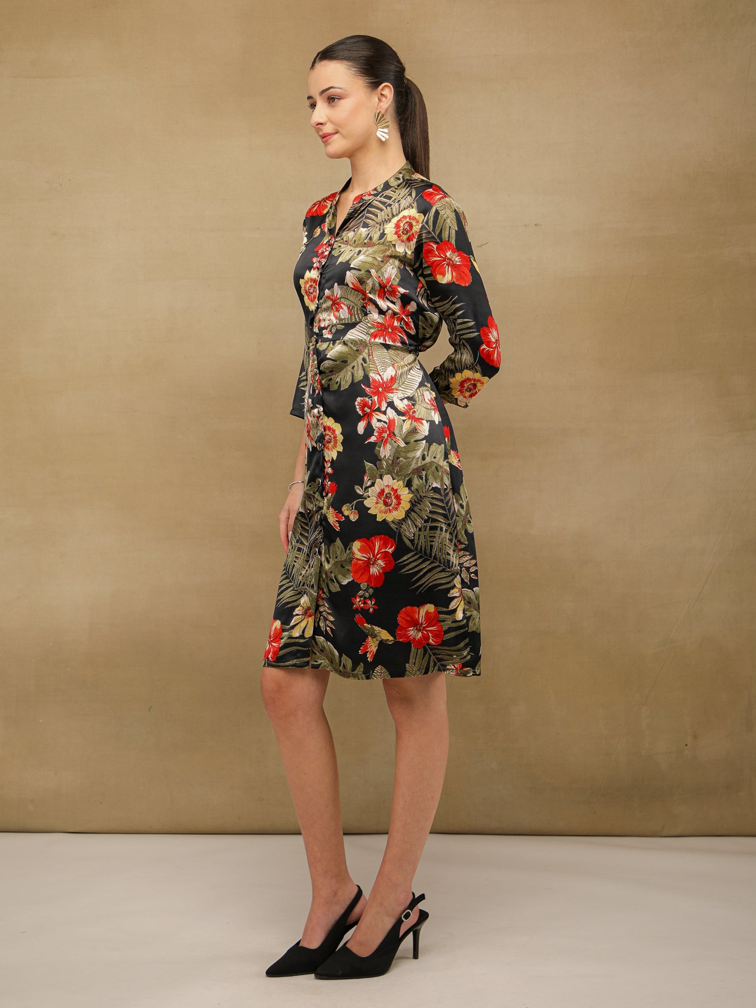 Palm Breeze Black Midi Satin Dress