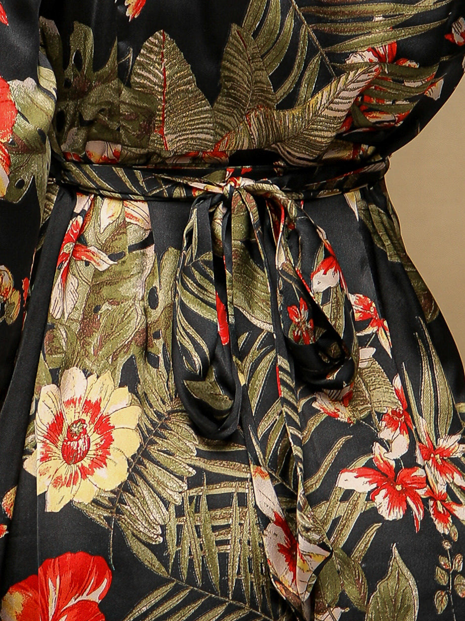Palm Breeze Black Midi Satin Dress