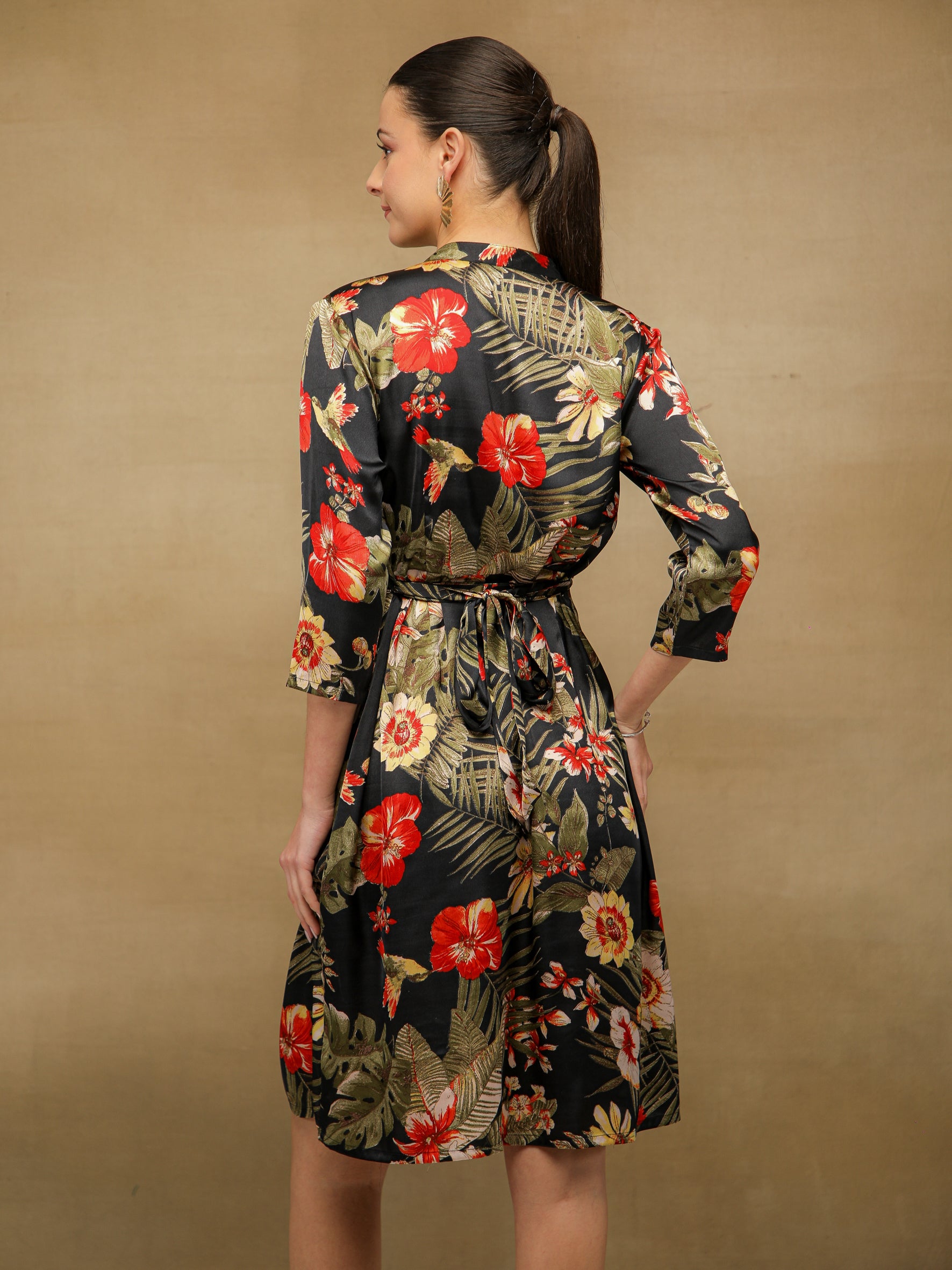 Palm Breeze Black Midi Satin Dress