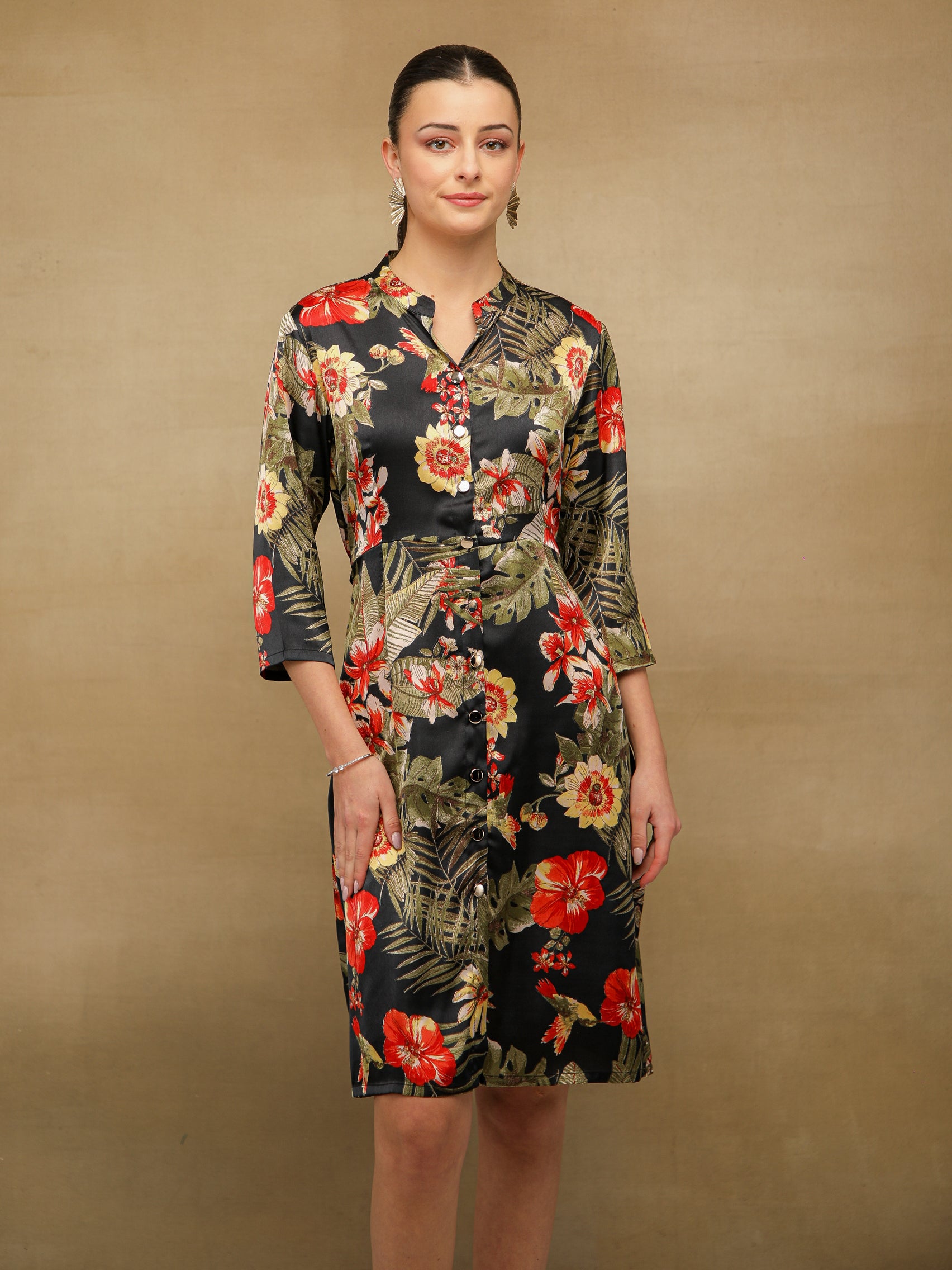 Palm Breeze Black Midi Satin Dress