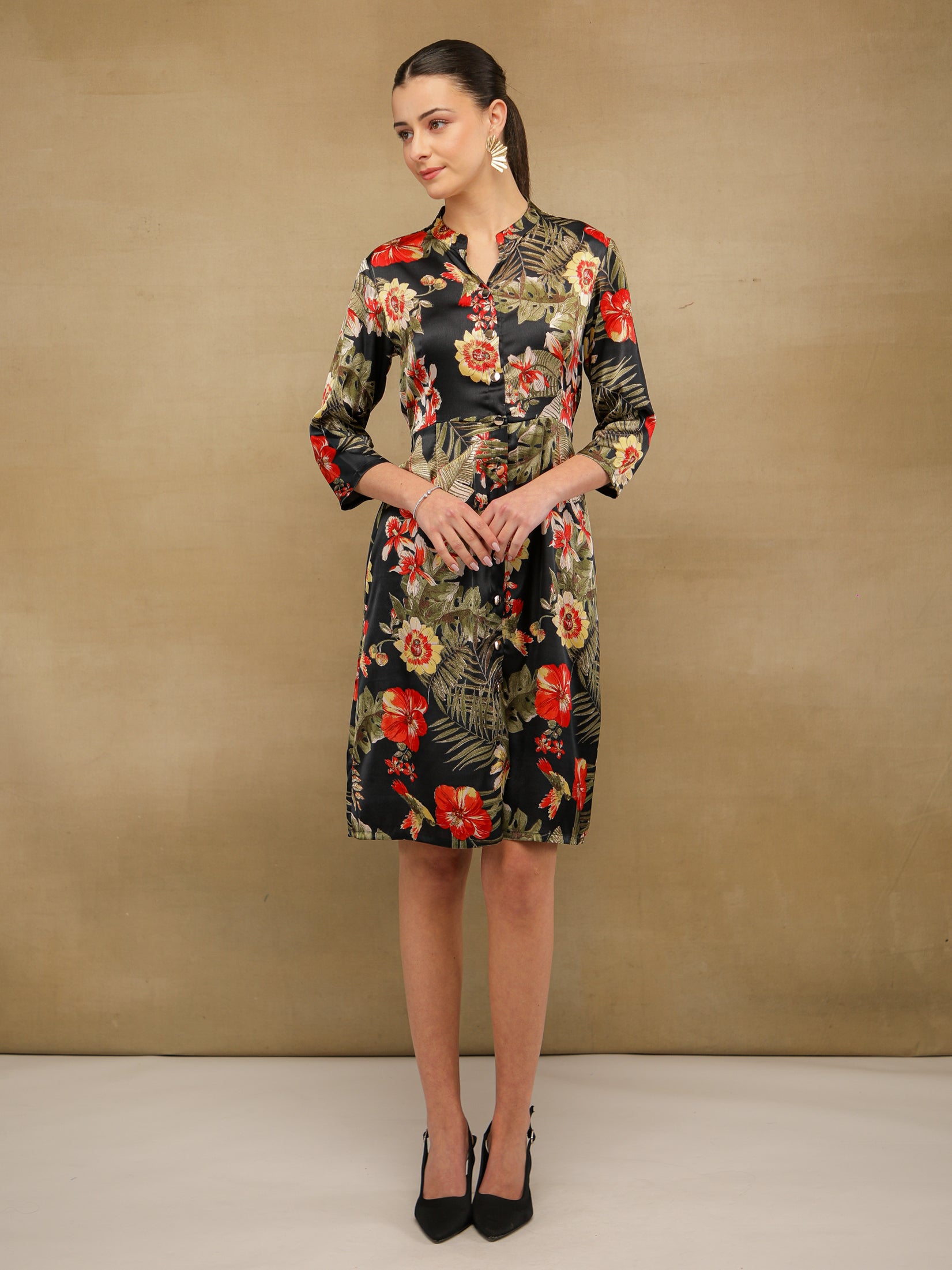 Palm Breeze Black Midi Satin Dress