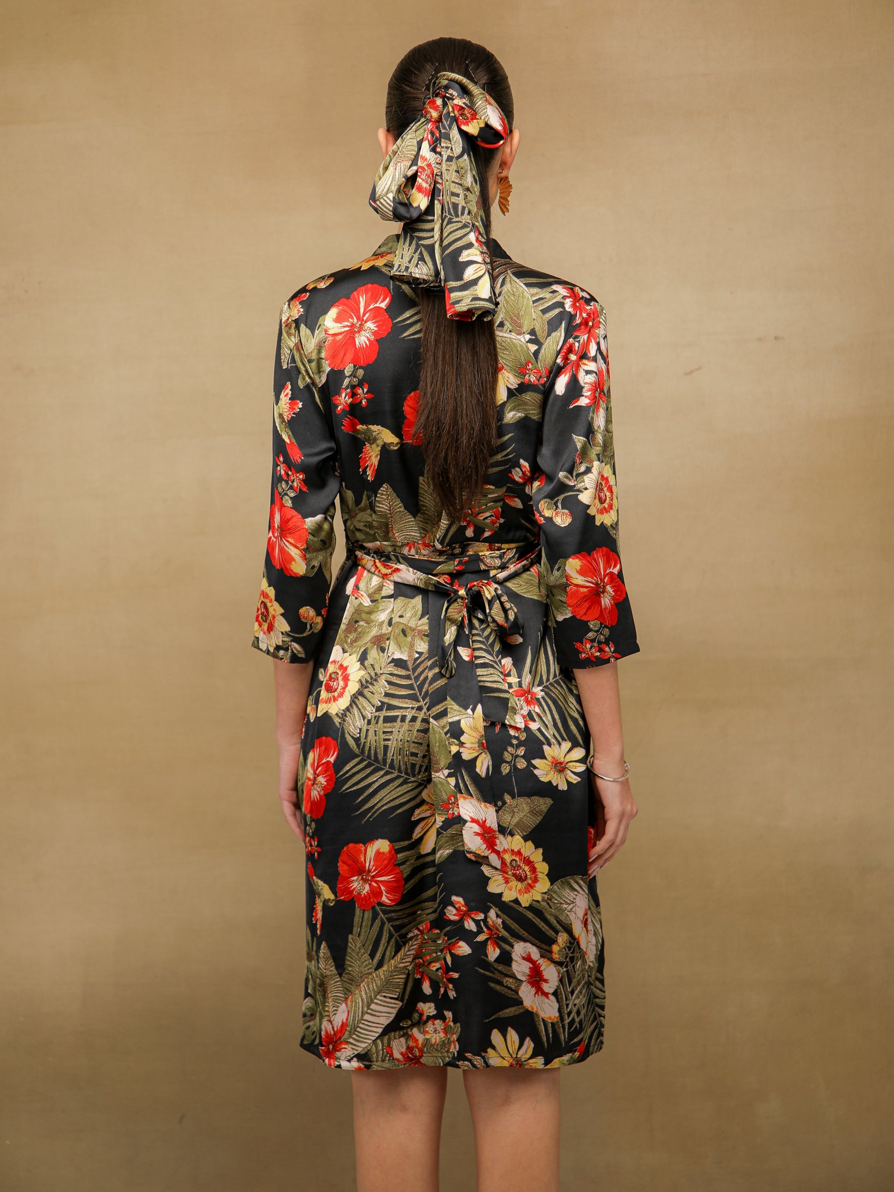 Palm Breeze Black Midi Satin Dress