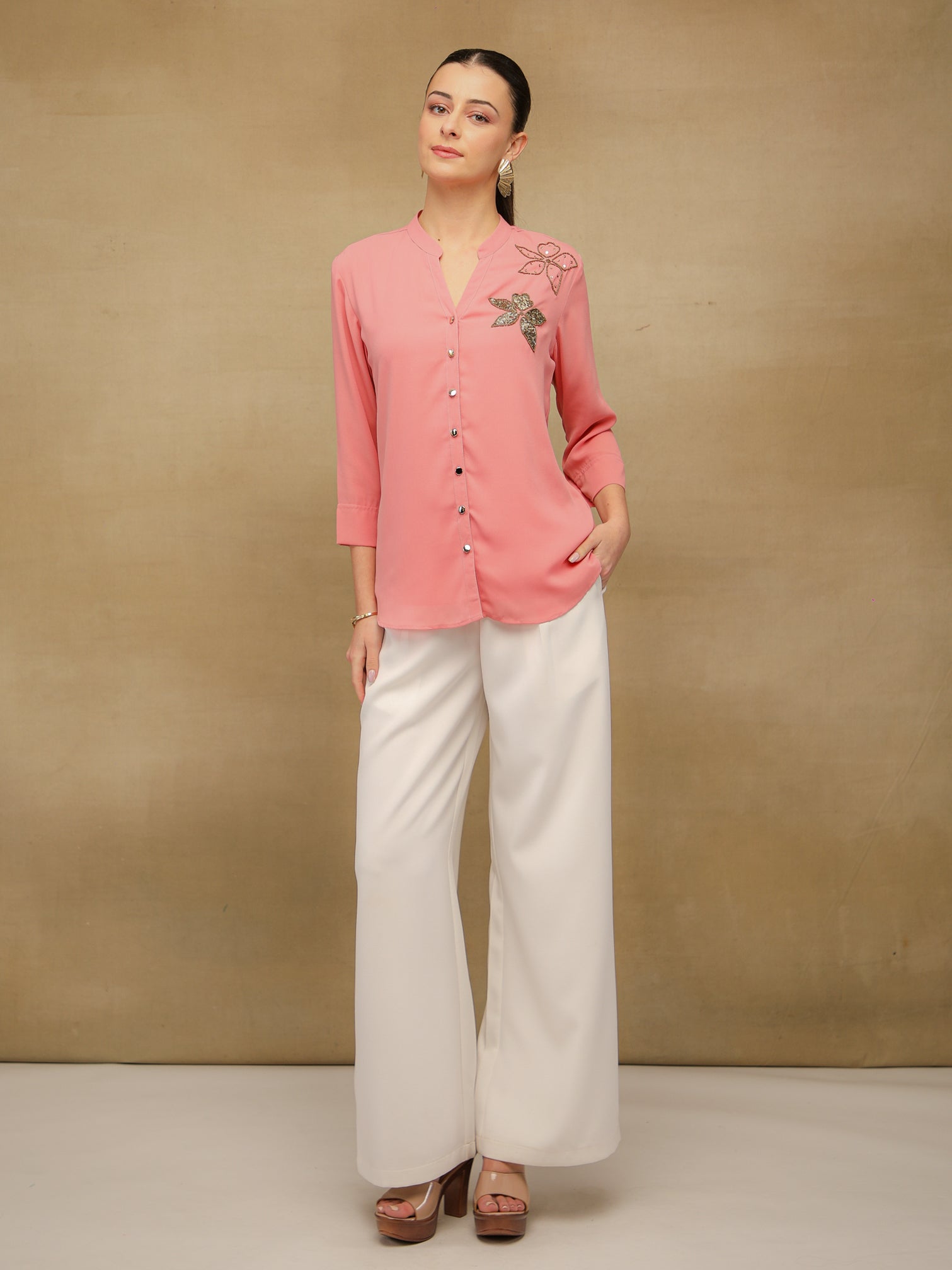Dual Floral Sequins Pink Shirt