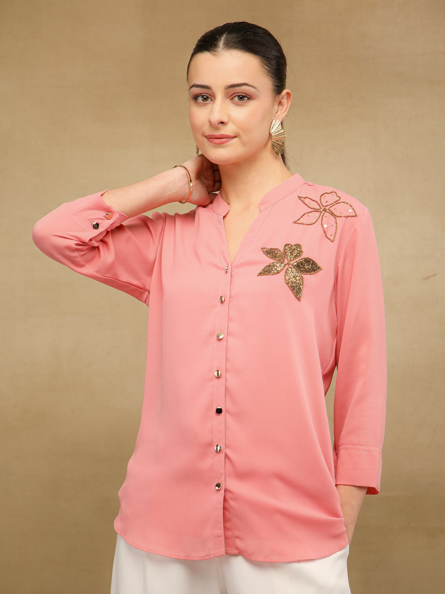 Dual Floral Sequins Pink Shirt