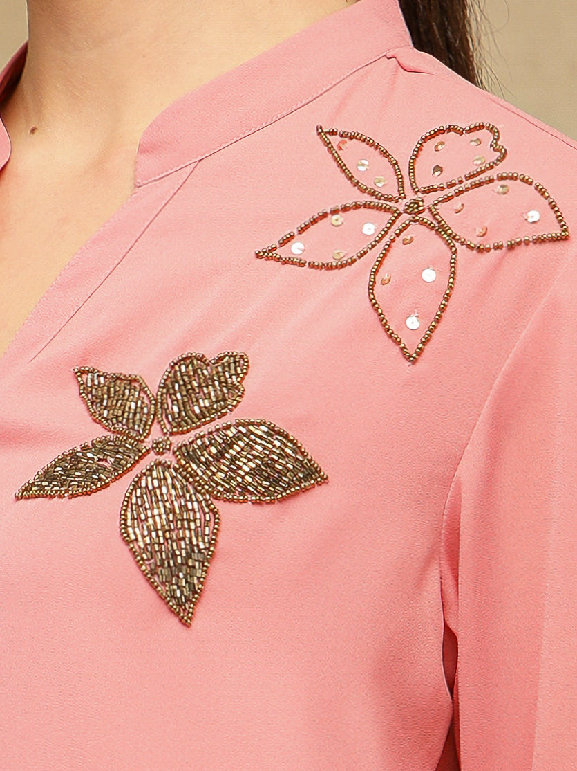 Dual Floral Sequins Pink Shirt