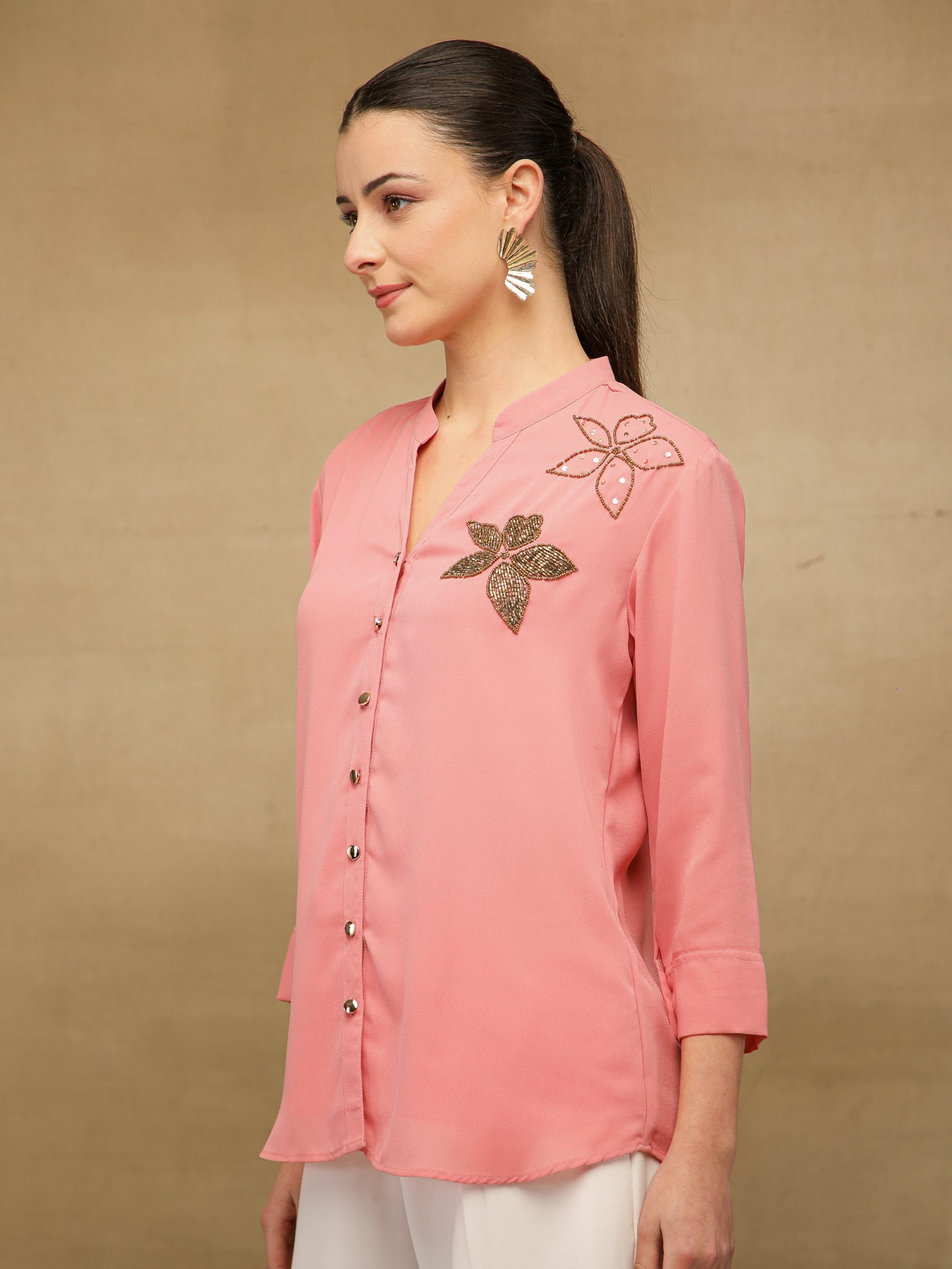 Dual Floral Sequins Pink Shirt