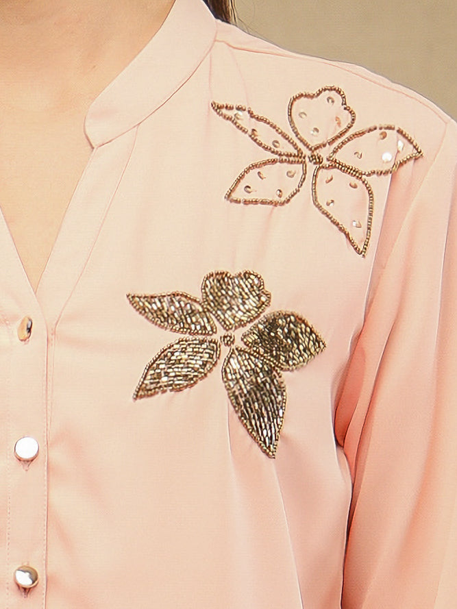 Dual Floral Sequins Apricot Shirt