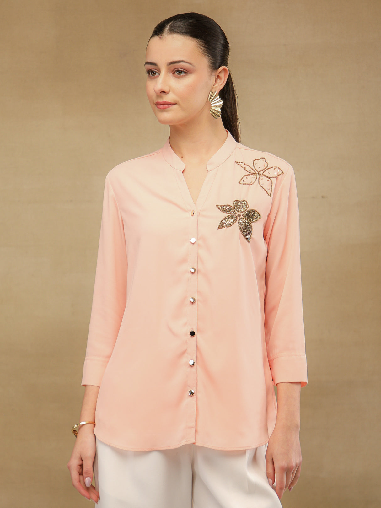 Dual Floral Sequins Apricot Shirt