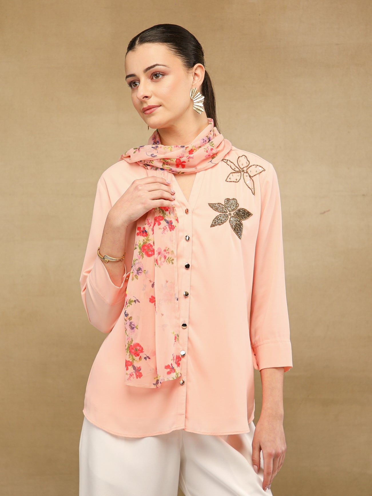 Dual Floral Sequins Apricot Shirt
