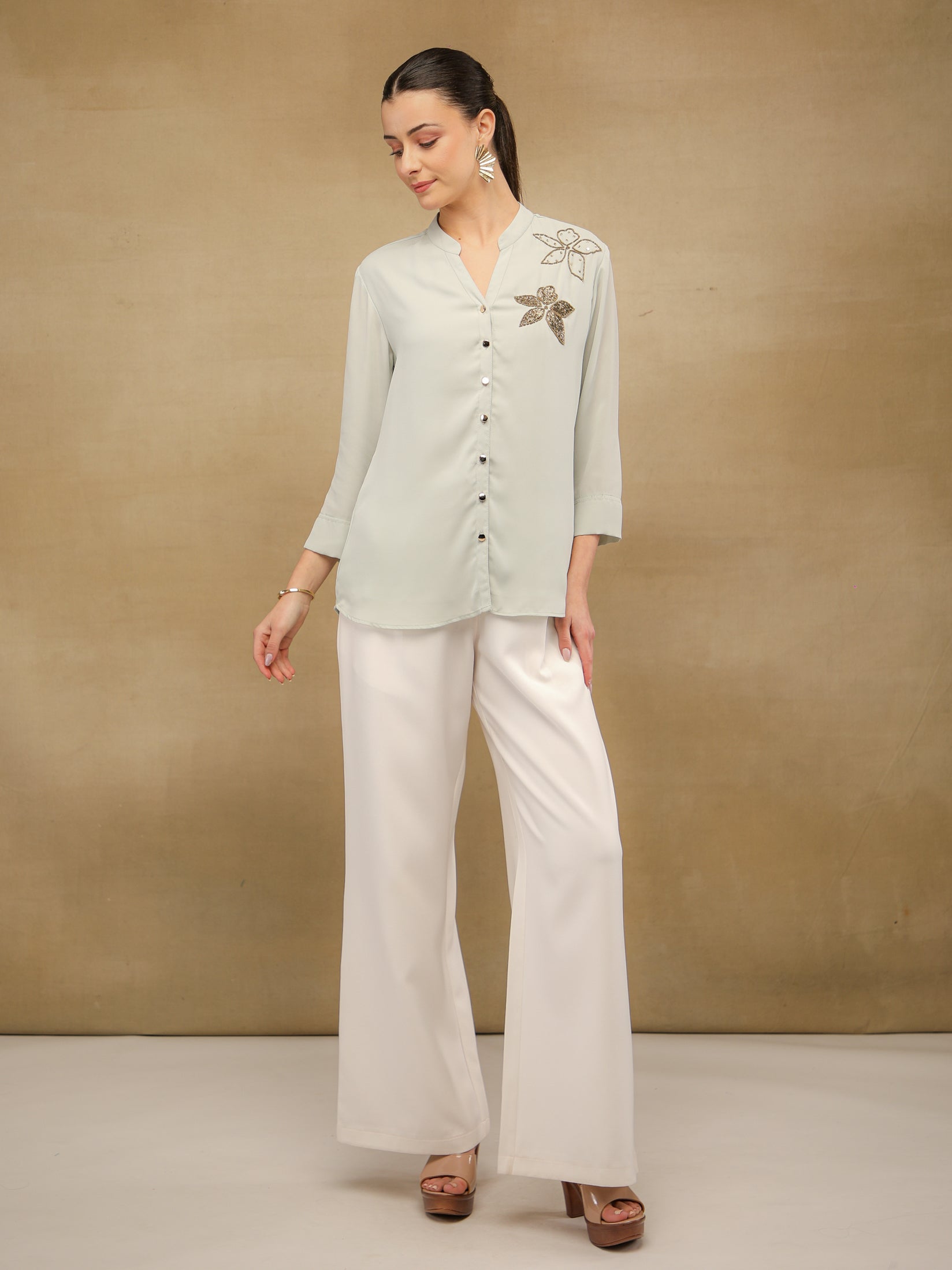 Dual Floral Sequins Grey Shirt