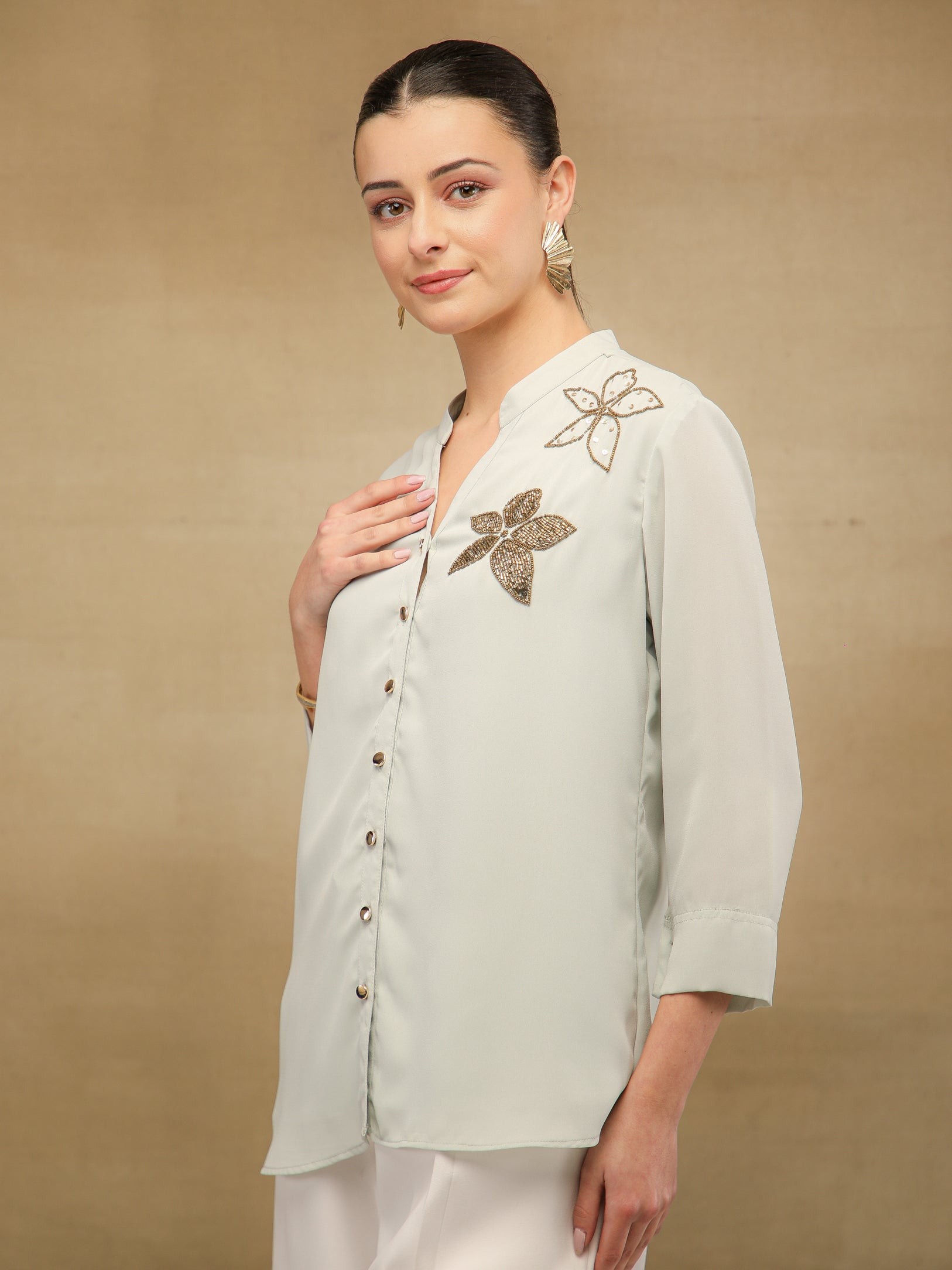 Dual Floral Sequins Grey Shirt