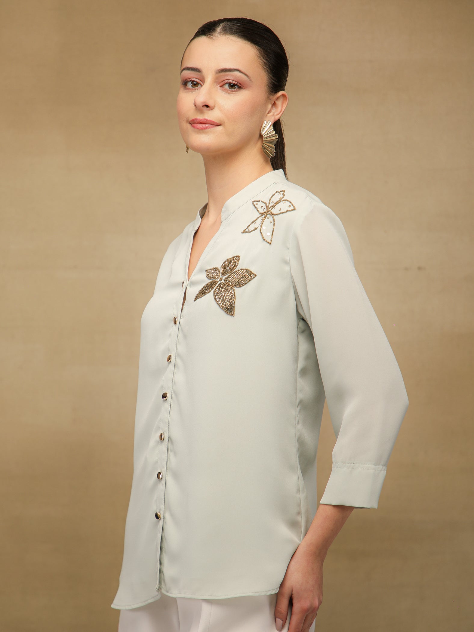 Dual Floral Sequins Grey Shirt