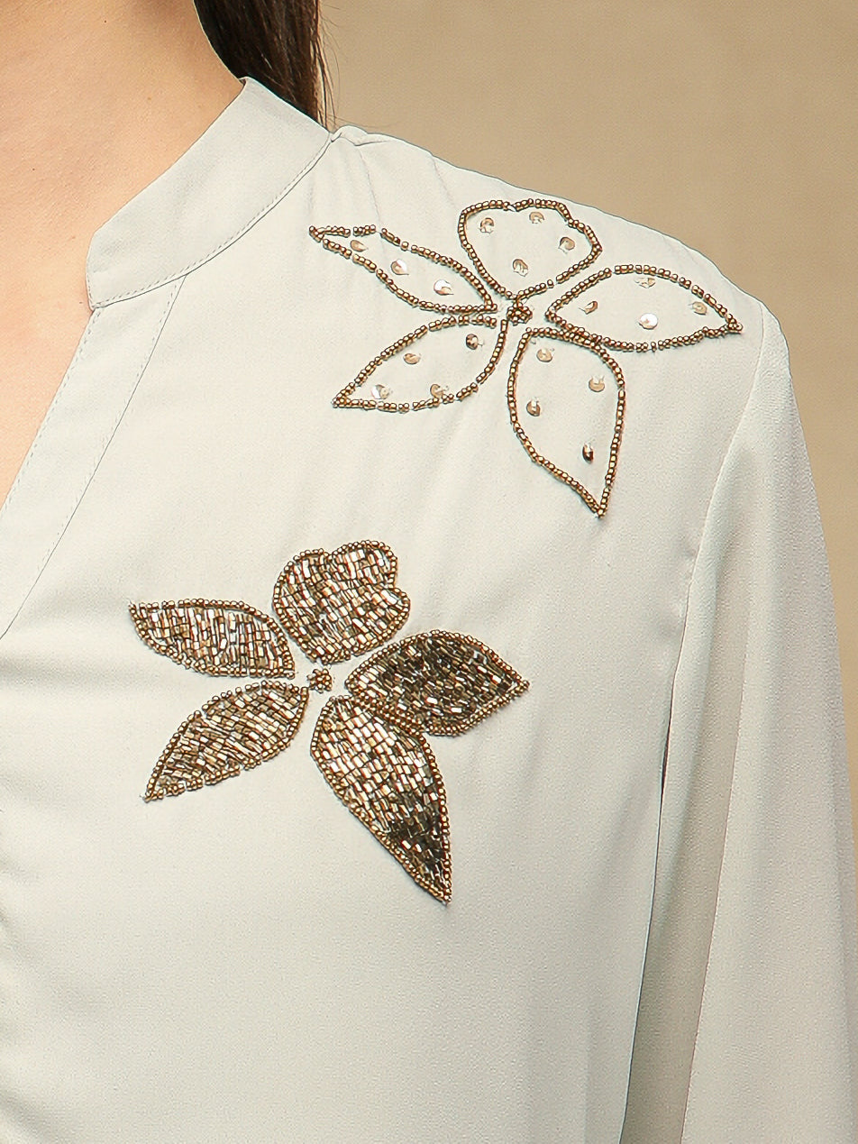 Dual Floral Sequins Grey Shirt