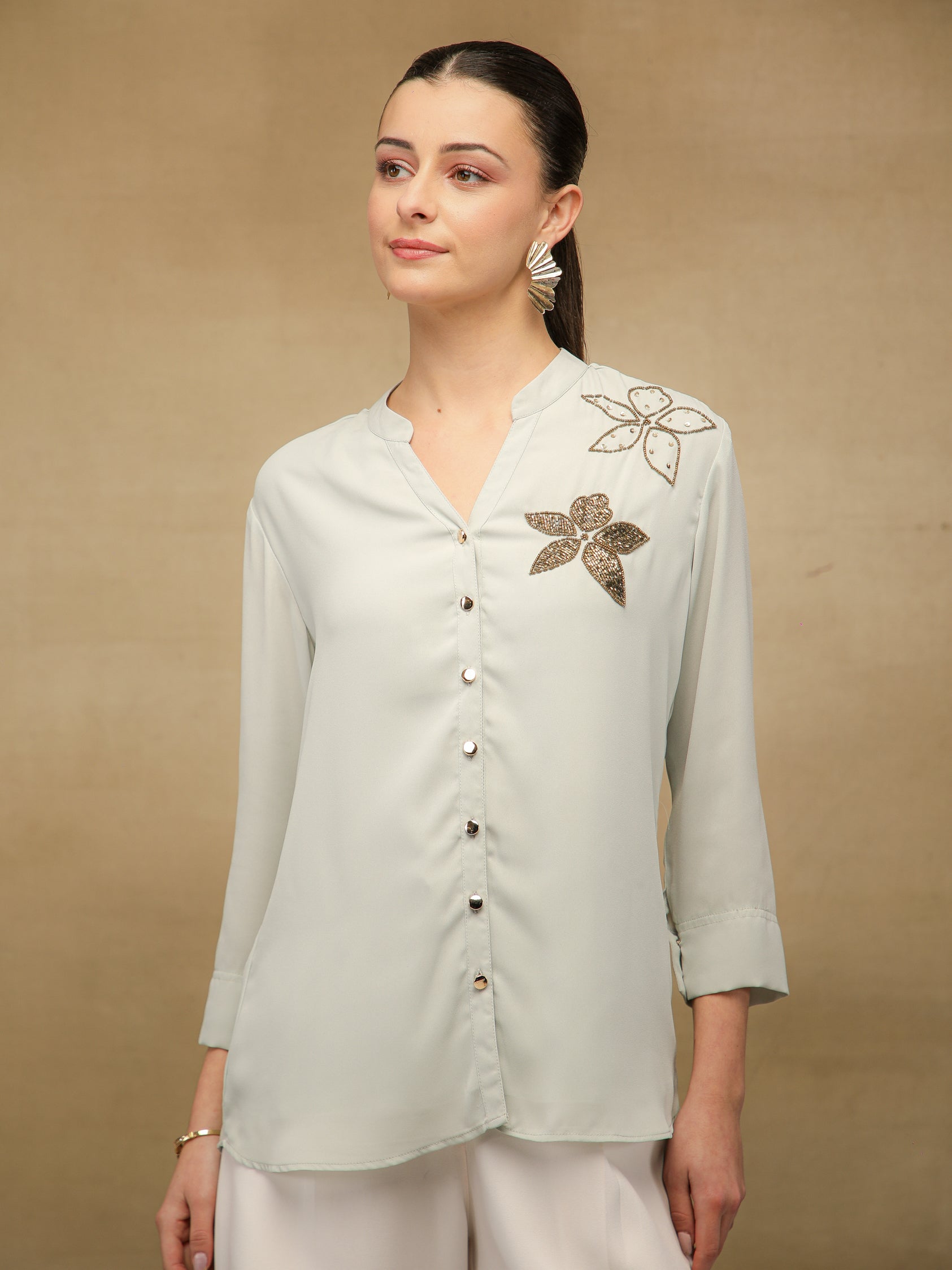 Dual Floral Sequins Grey Shirt