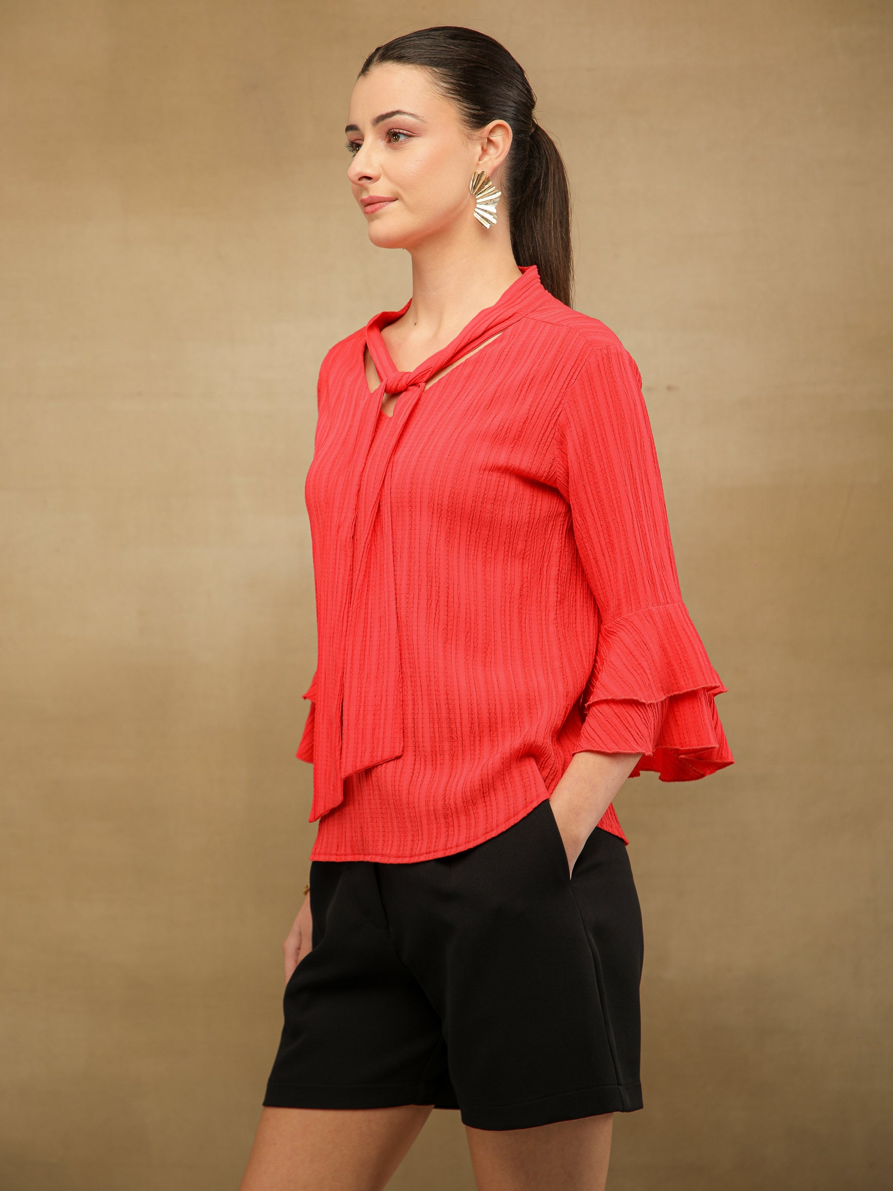 Pleated Bell Sleeve Red Top