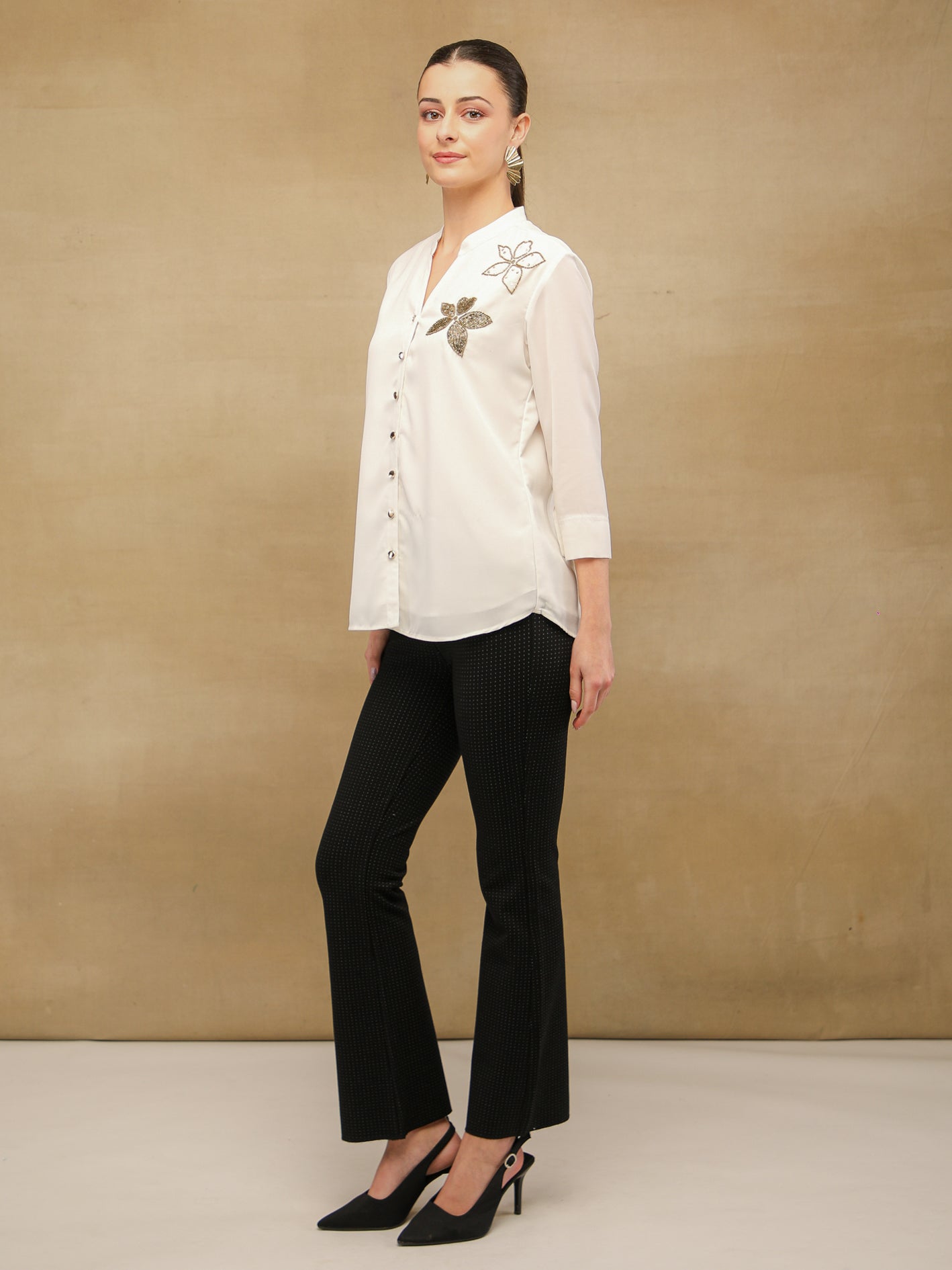 Dual Floral Sequins White Shirt