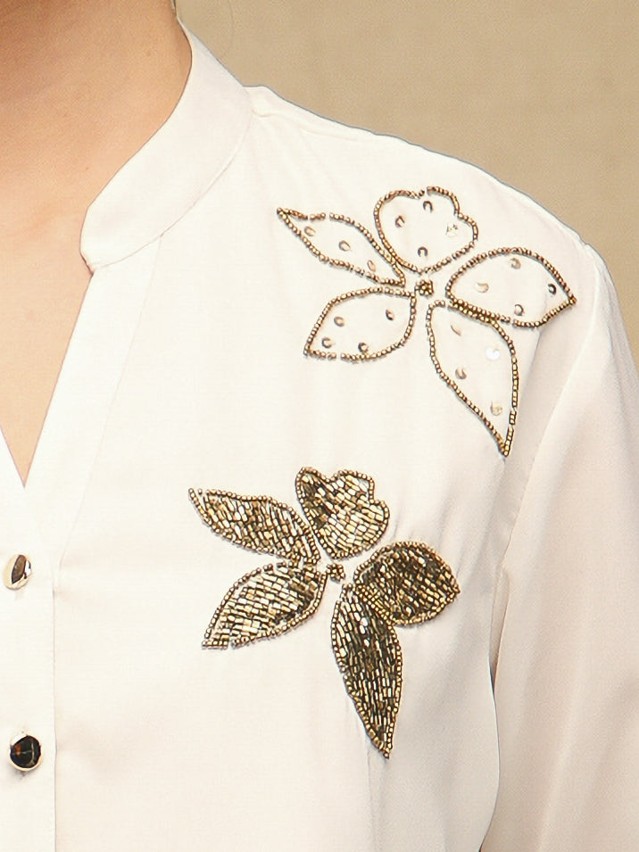 Dual Floral Sequins White Shirt