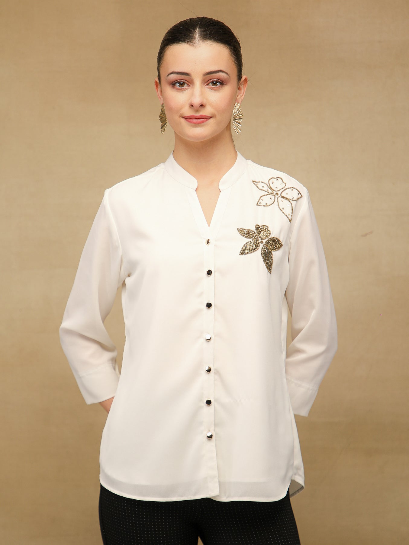 Dual Floral Sequins White Shirt