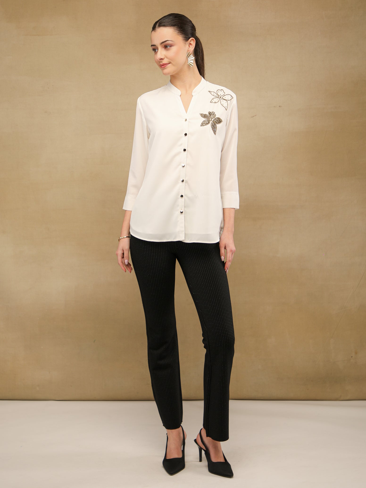 Dual Floral Sequins White Shirt