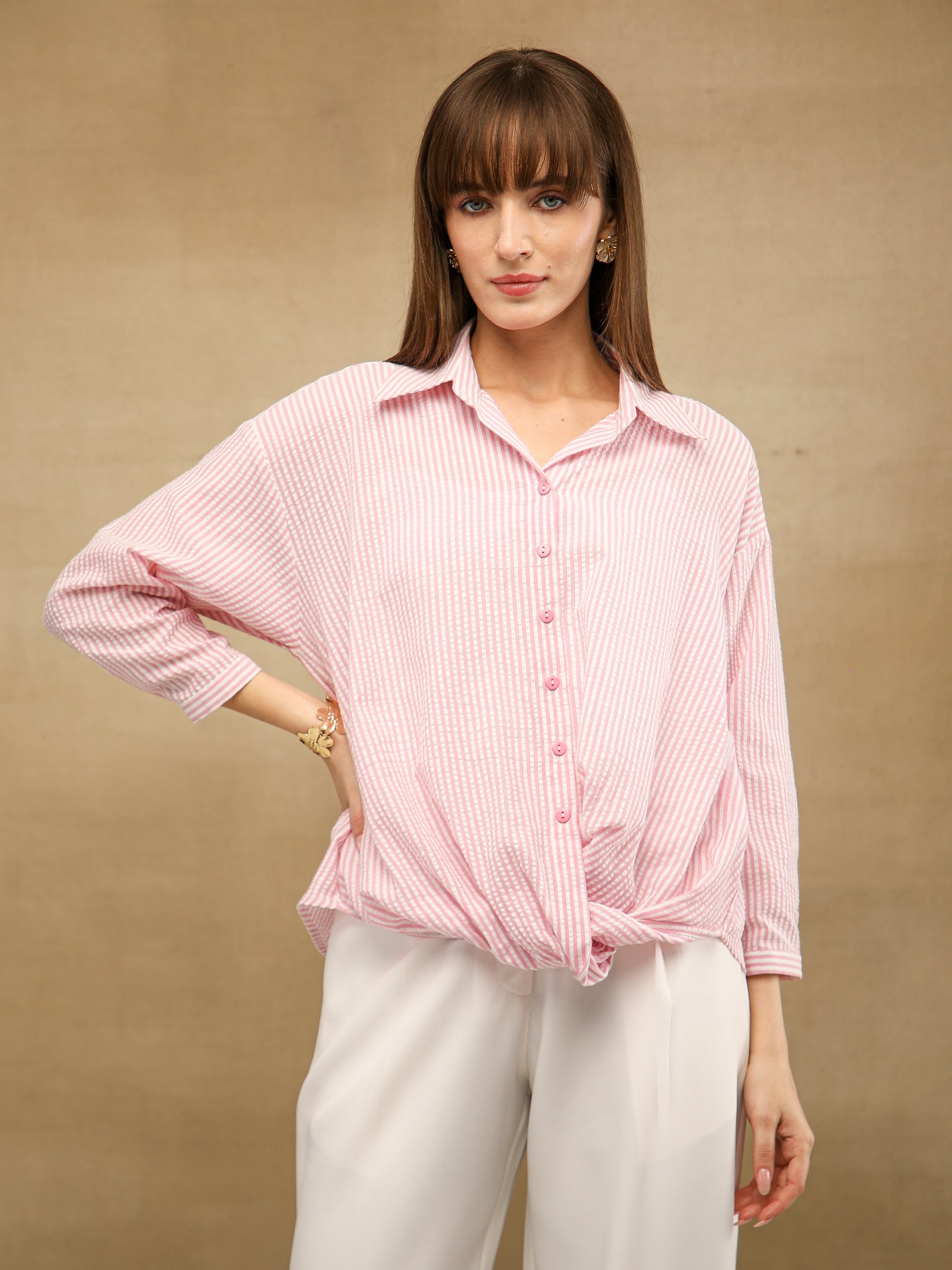 Gingham Front Knot Pink Shirt