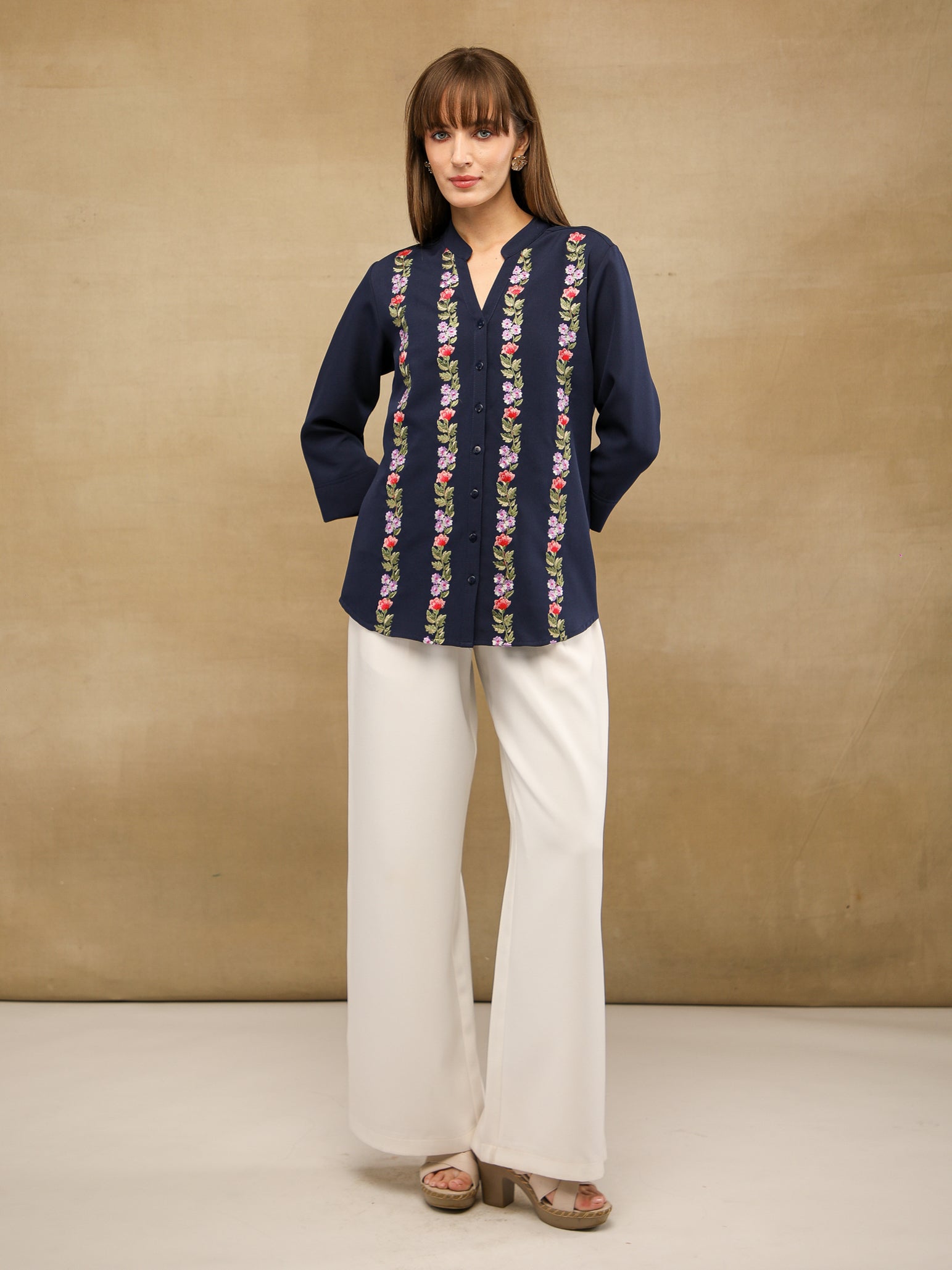 Panelled Embroidery Navy Shirt