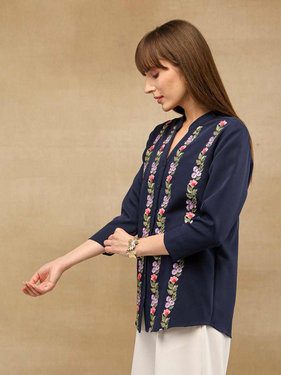 Panelled Embroidery Navy Shirt