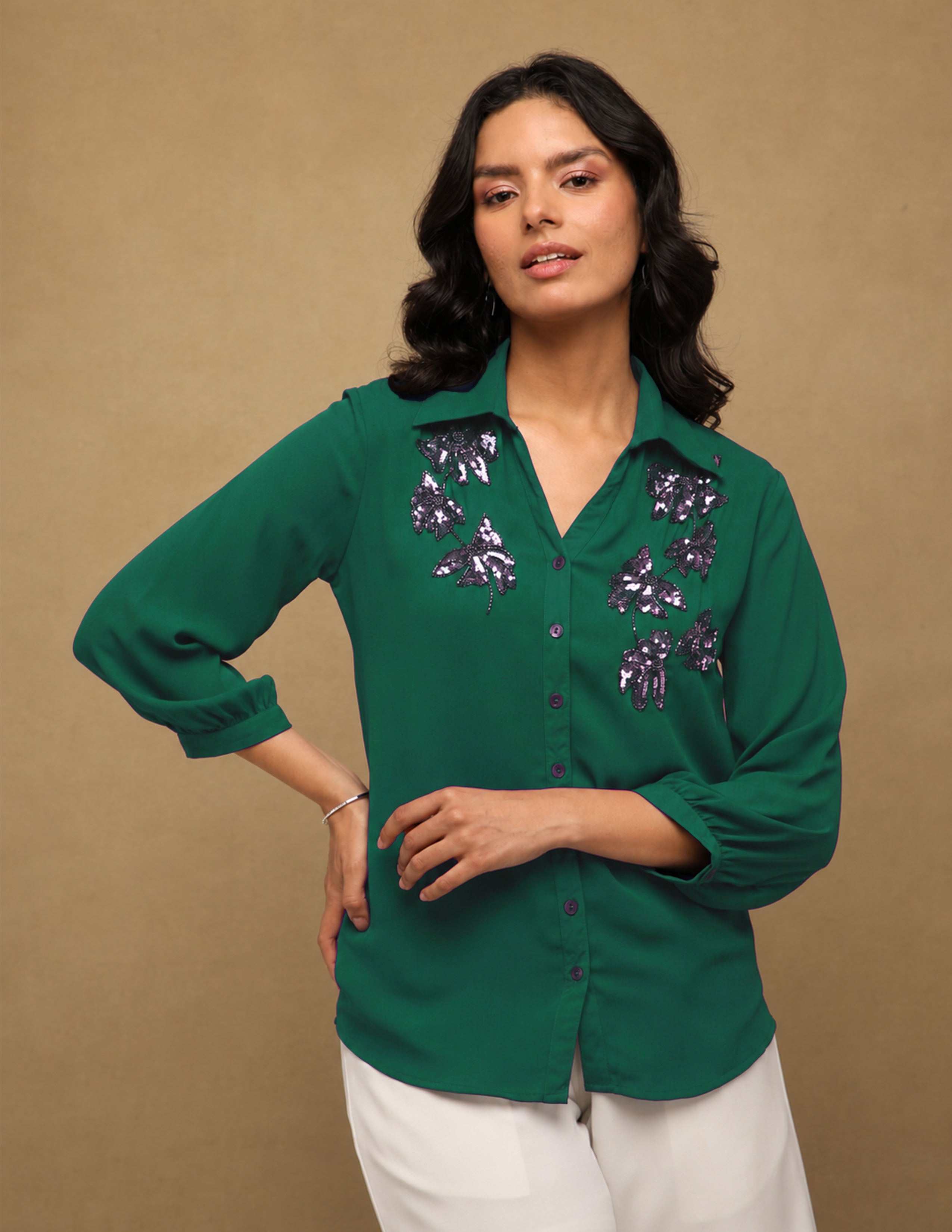 Butterfly Sequin Emerald Green Shirt