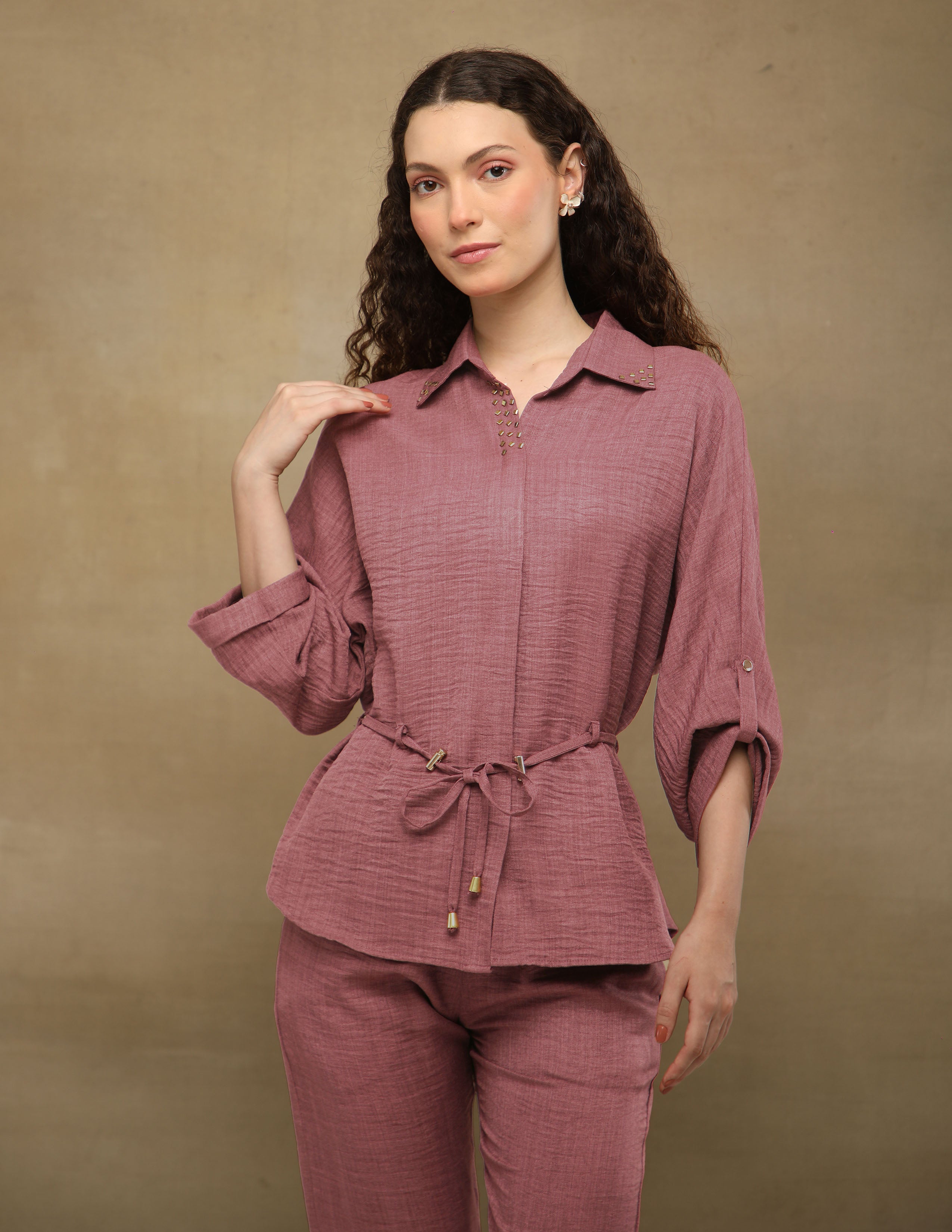 Pink Rhinestone Linen Co-ord Set