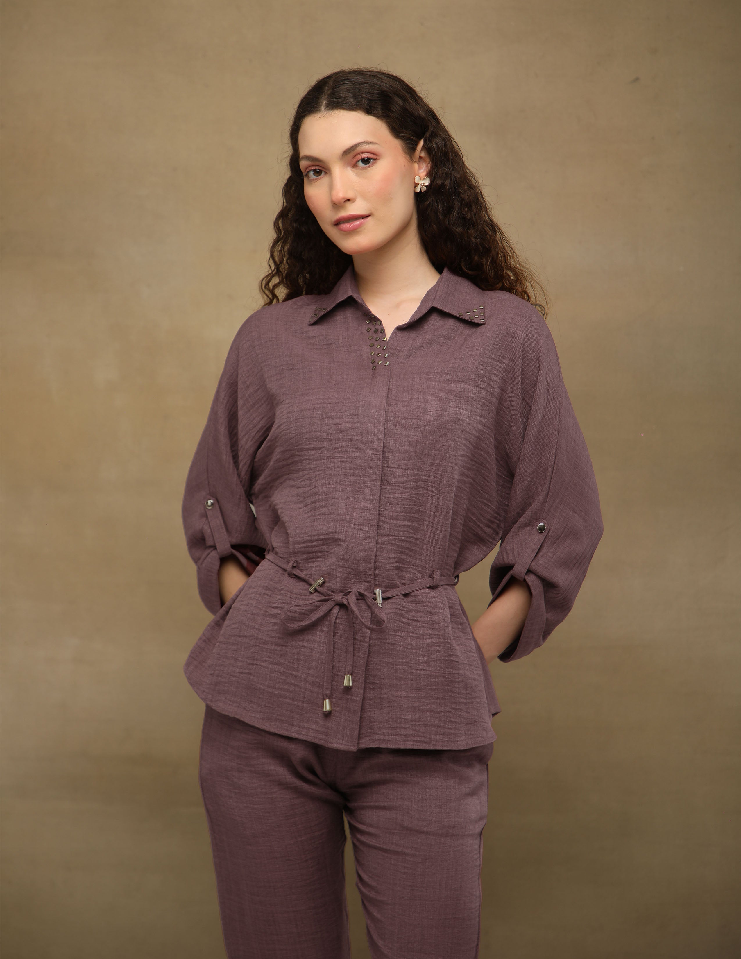 Dusty Mauve Rhinestone Linen Co-ord Set