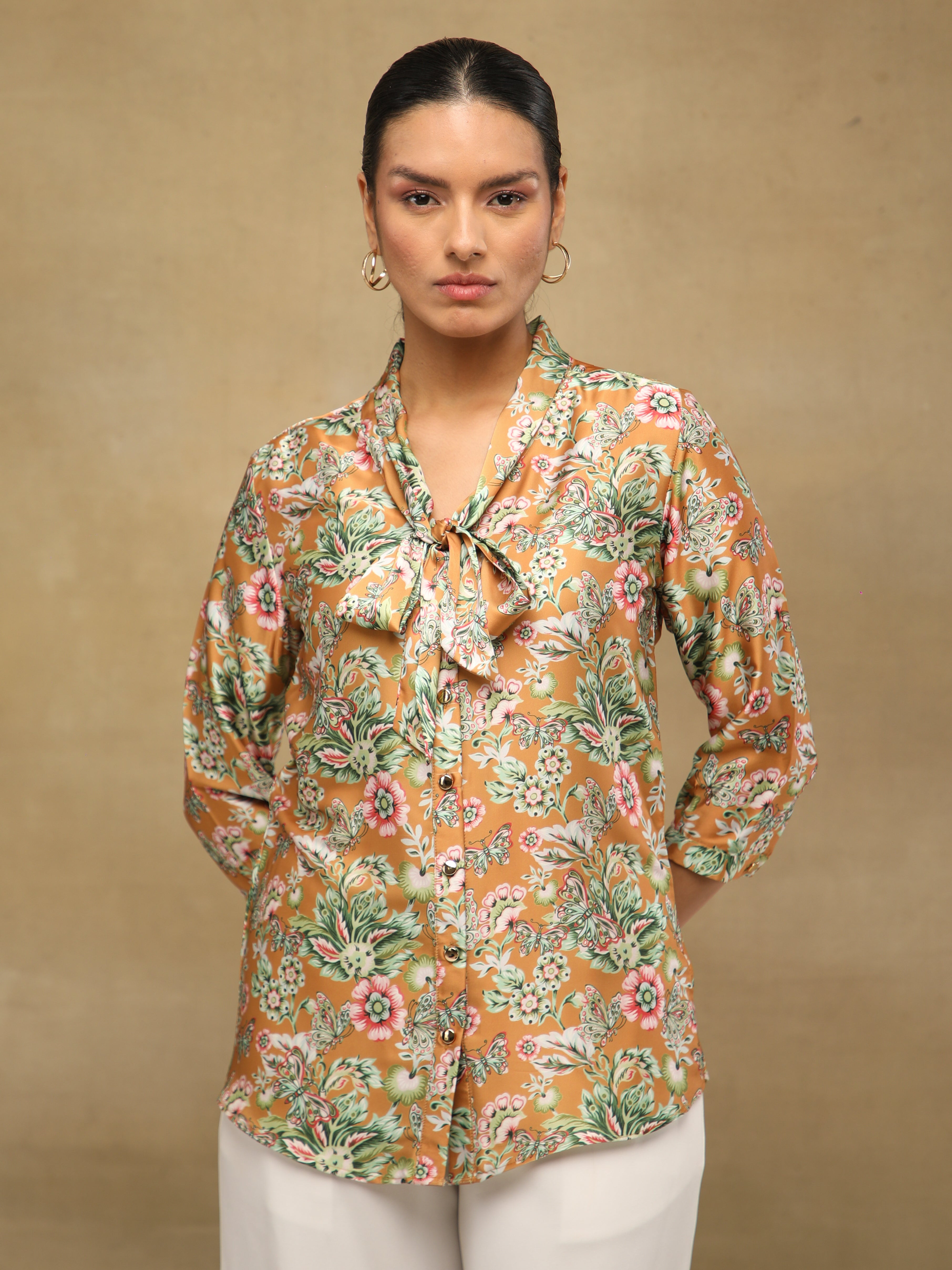 Toffee Tie-Up Satin Top