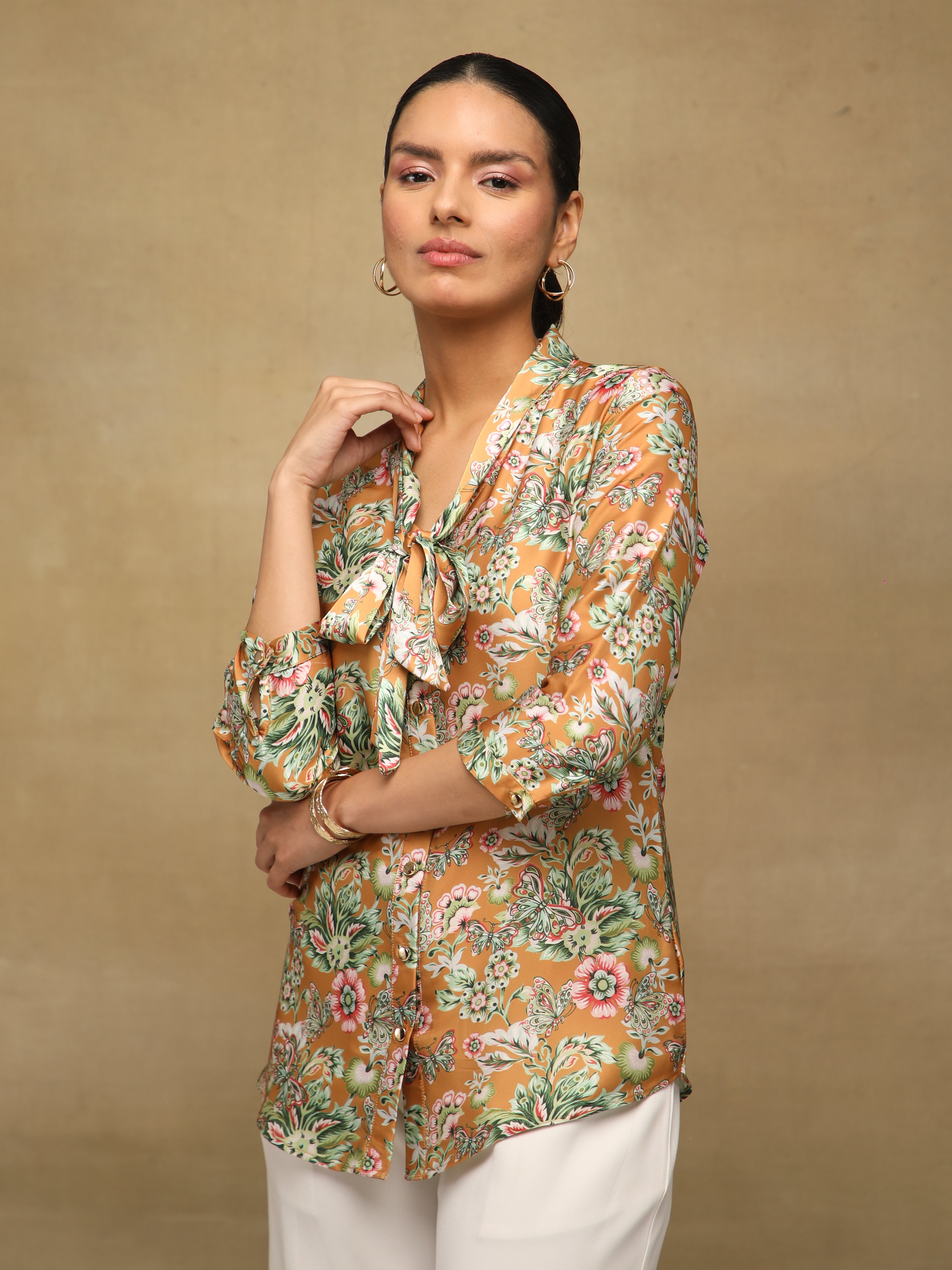Toffee Tie-Up Satin Top