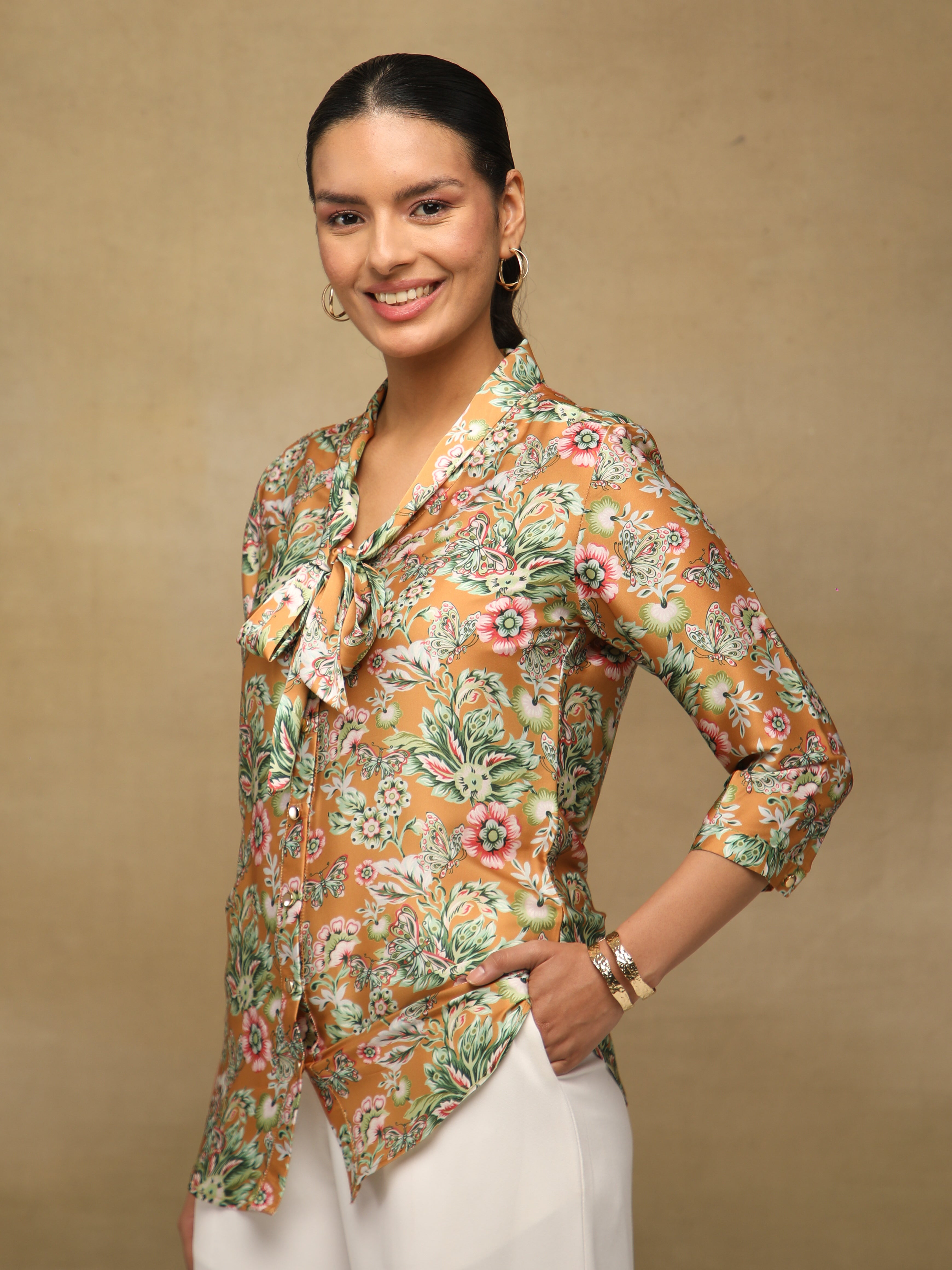 Toffee Tie-Up Satin Top