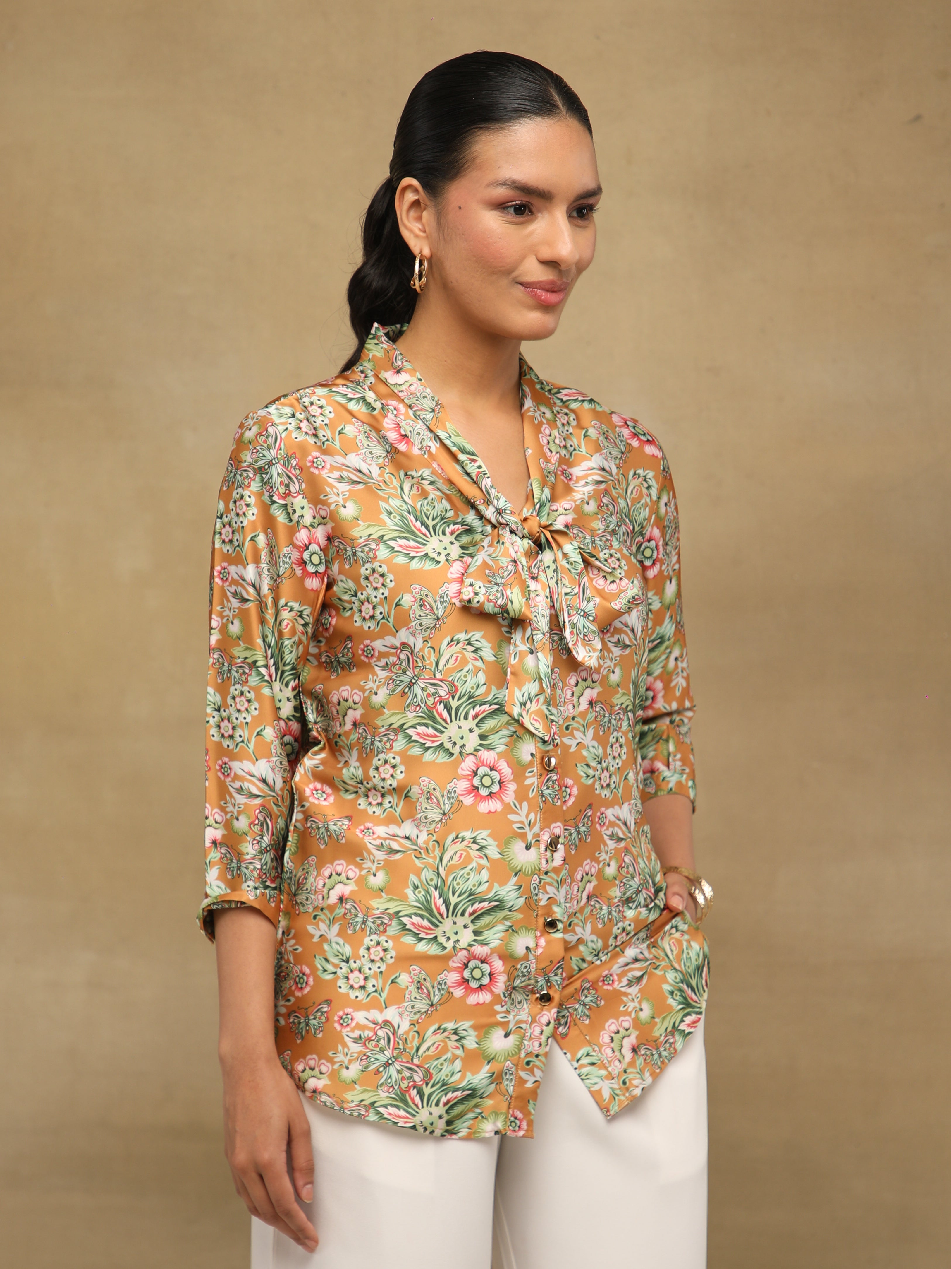 Toffee Tie-Up Satin Top