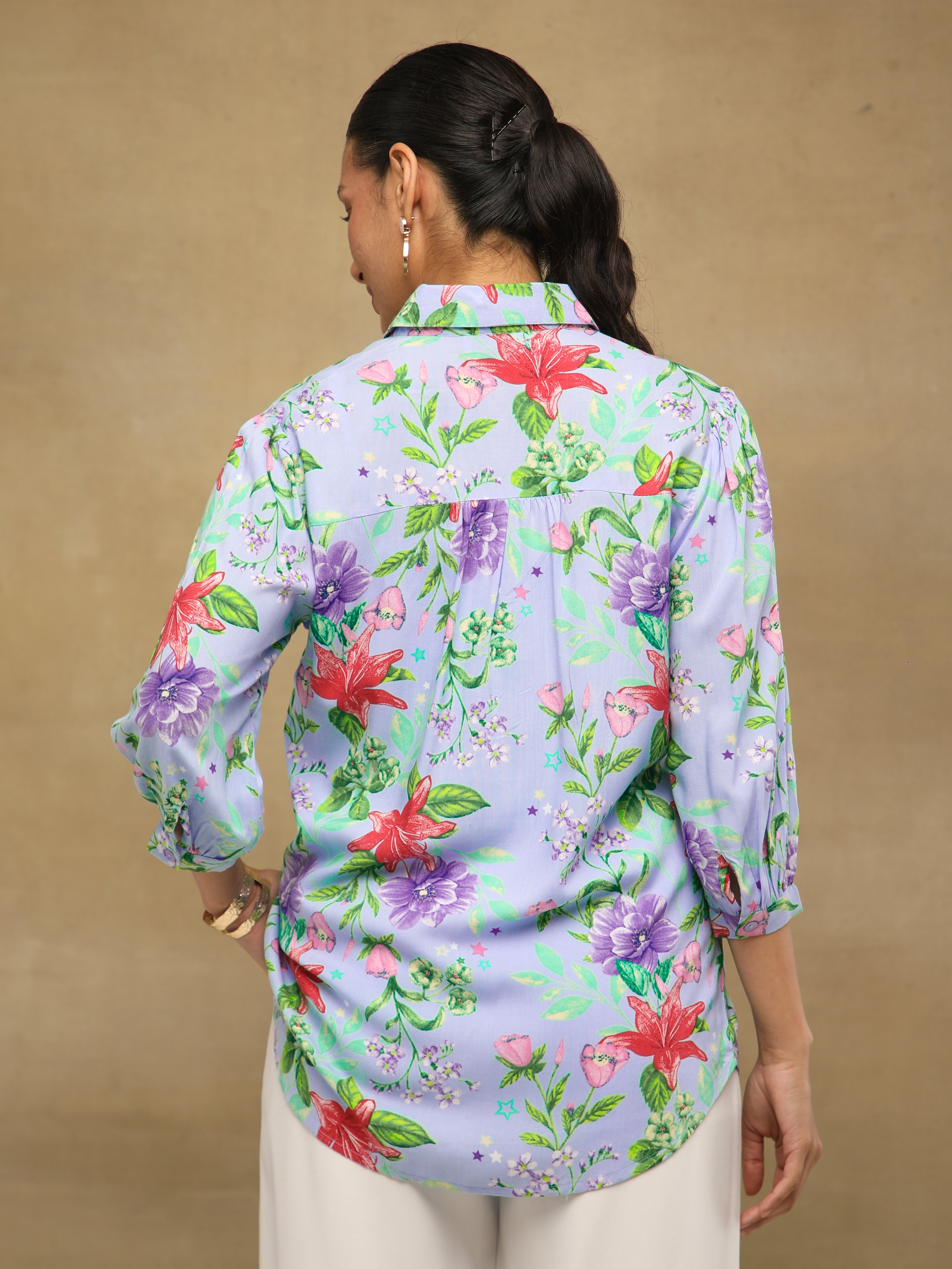 Floral Pintuck Blue Shirt
