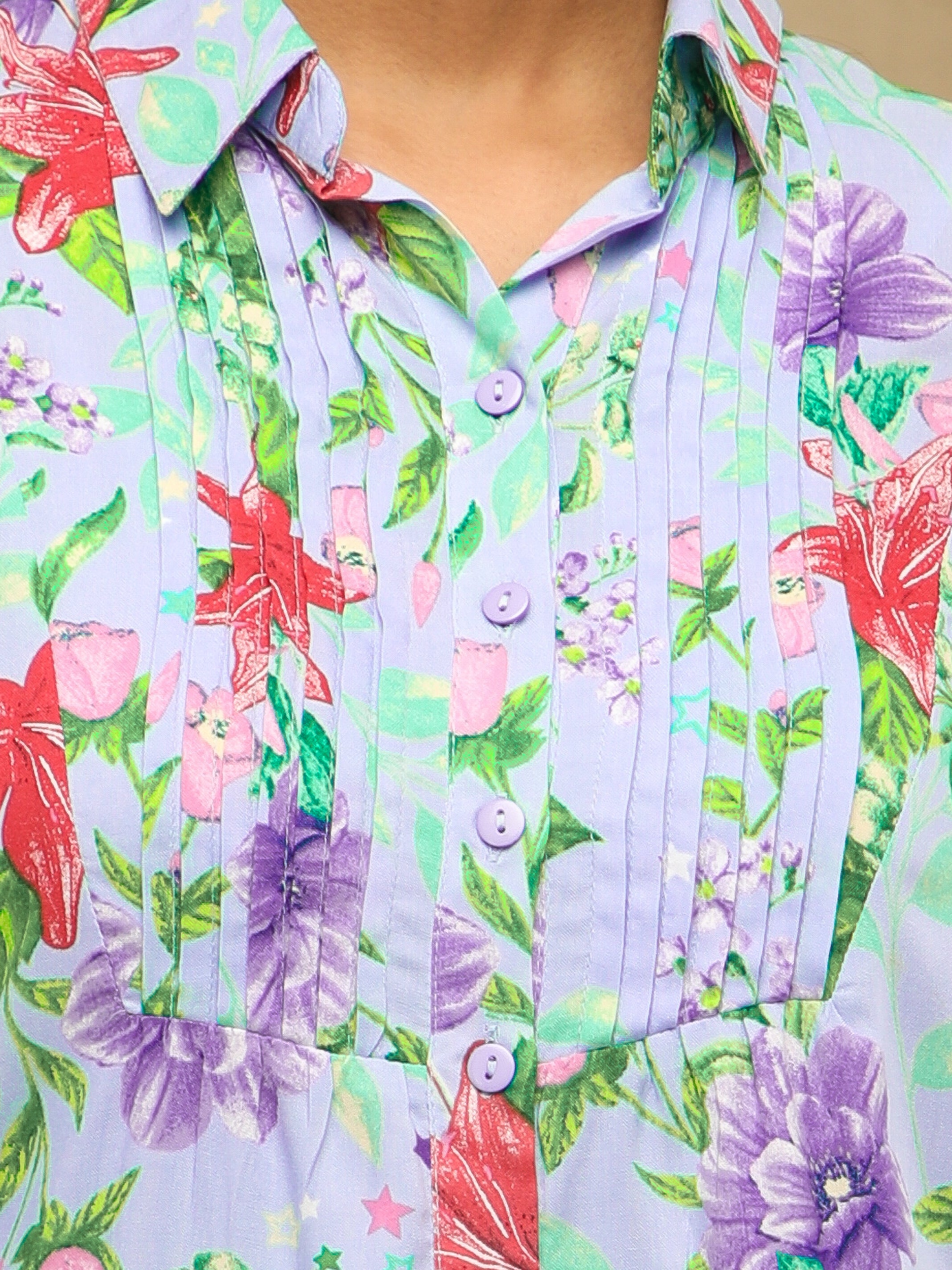Floral Pintuck Blue Shirt