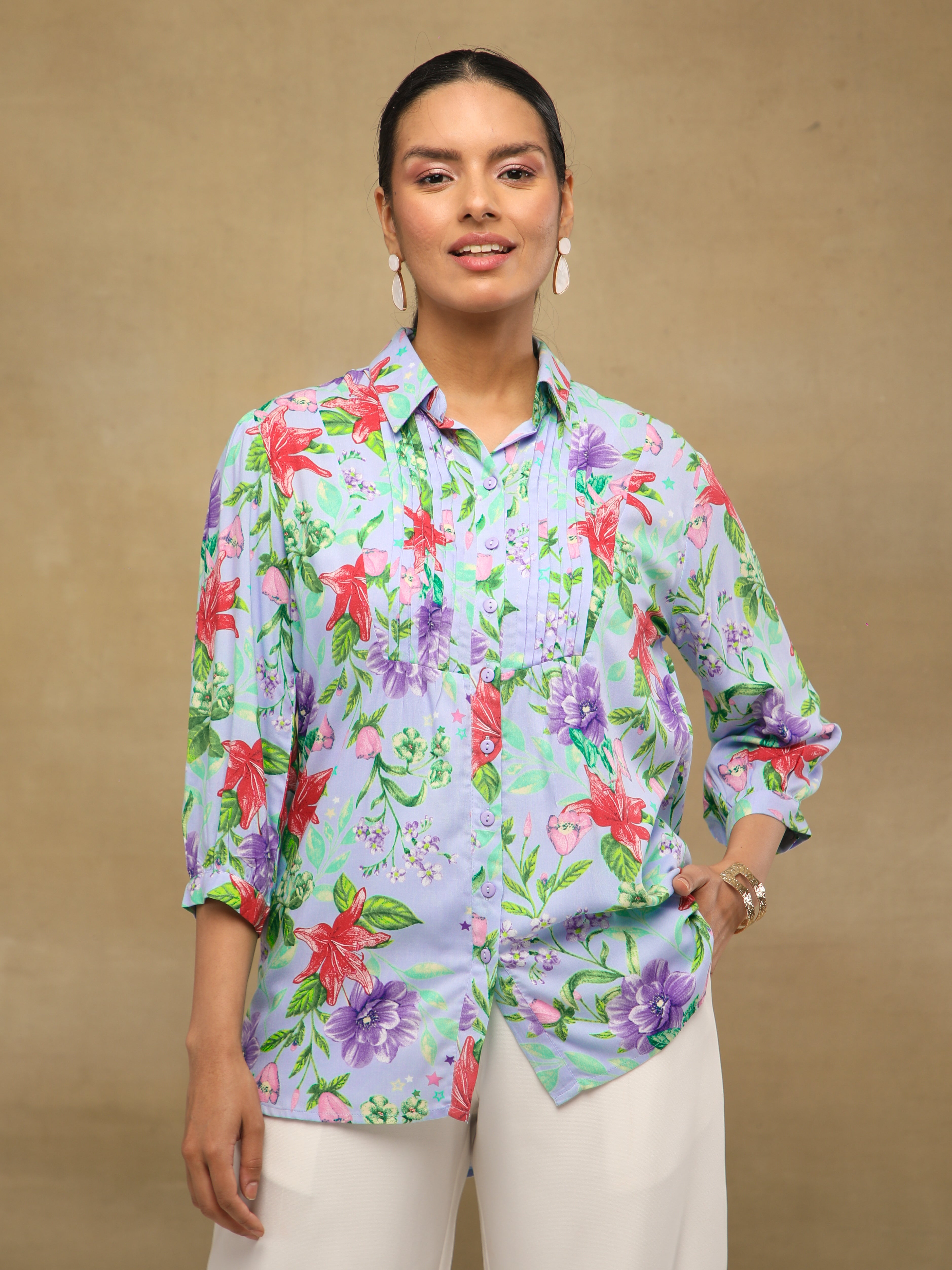 Floral Pintuck Blue Shirt
