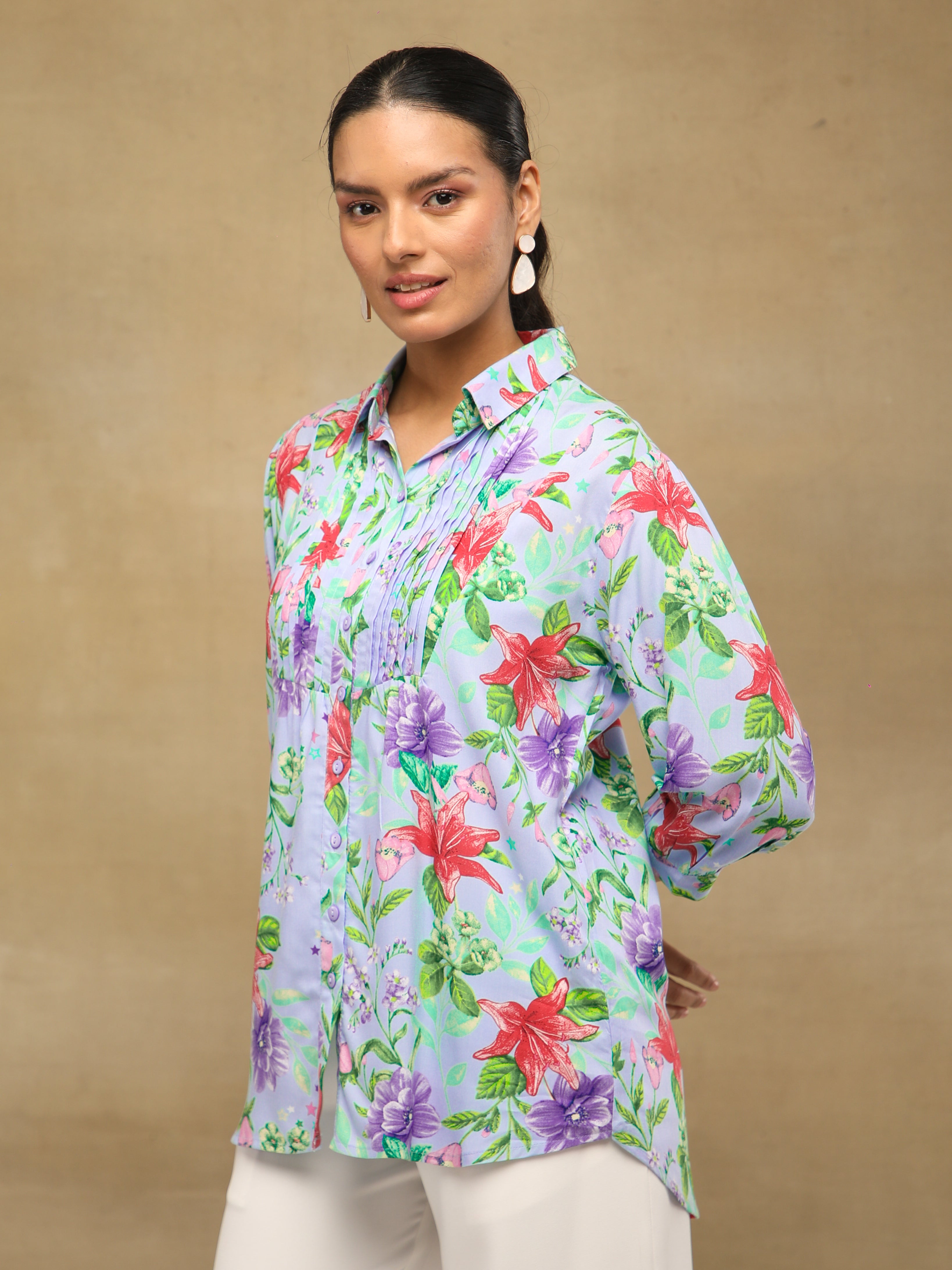 Floral Pintuck Blue Shirt