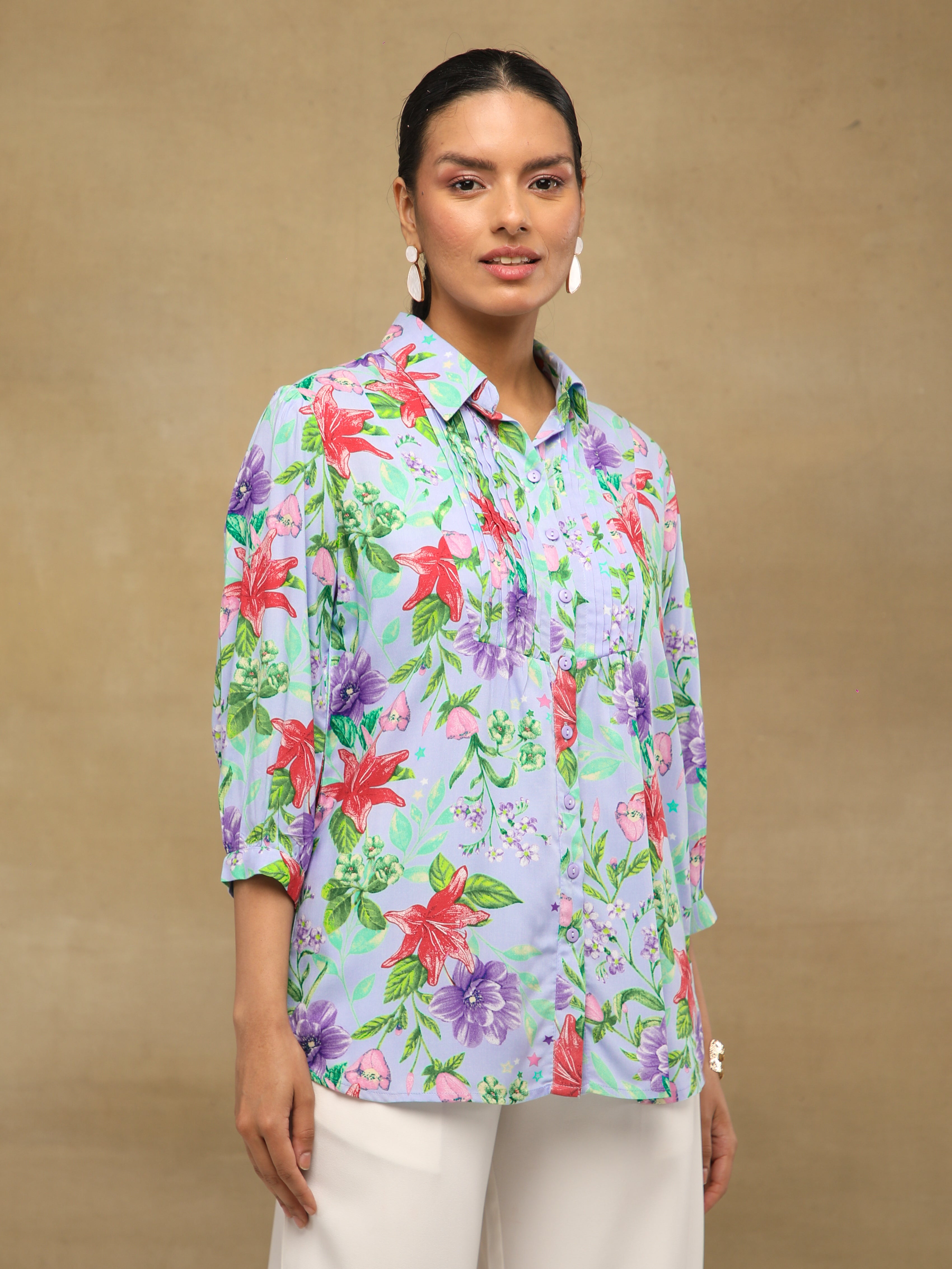 Floral Pintuck Blue Shirt