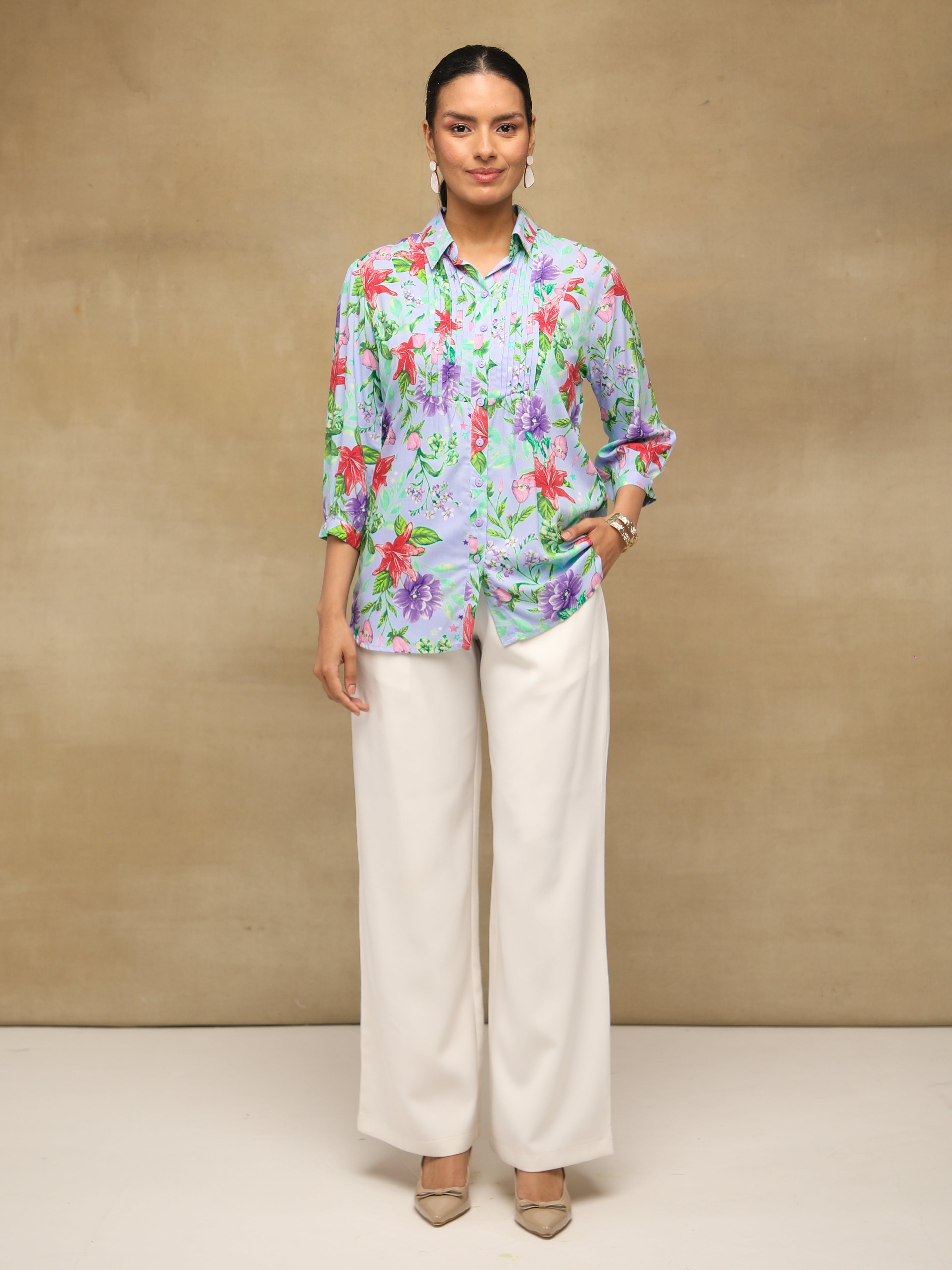 Floral Pintuck Blue Shirt