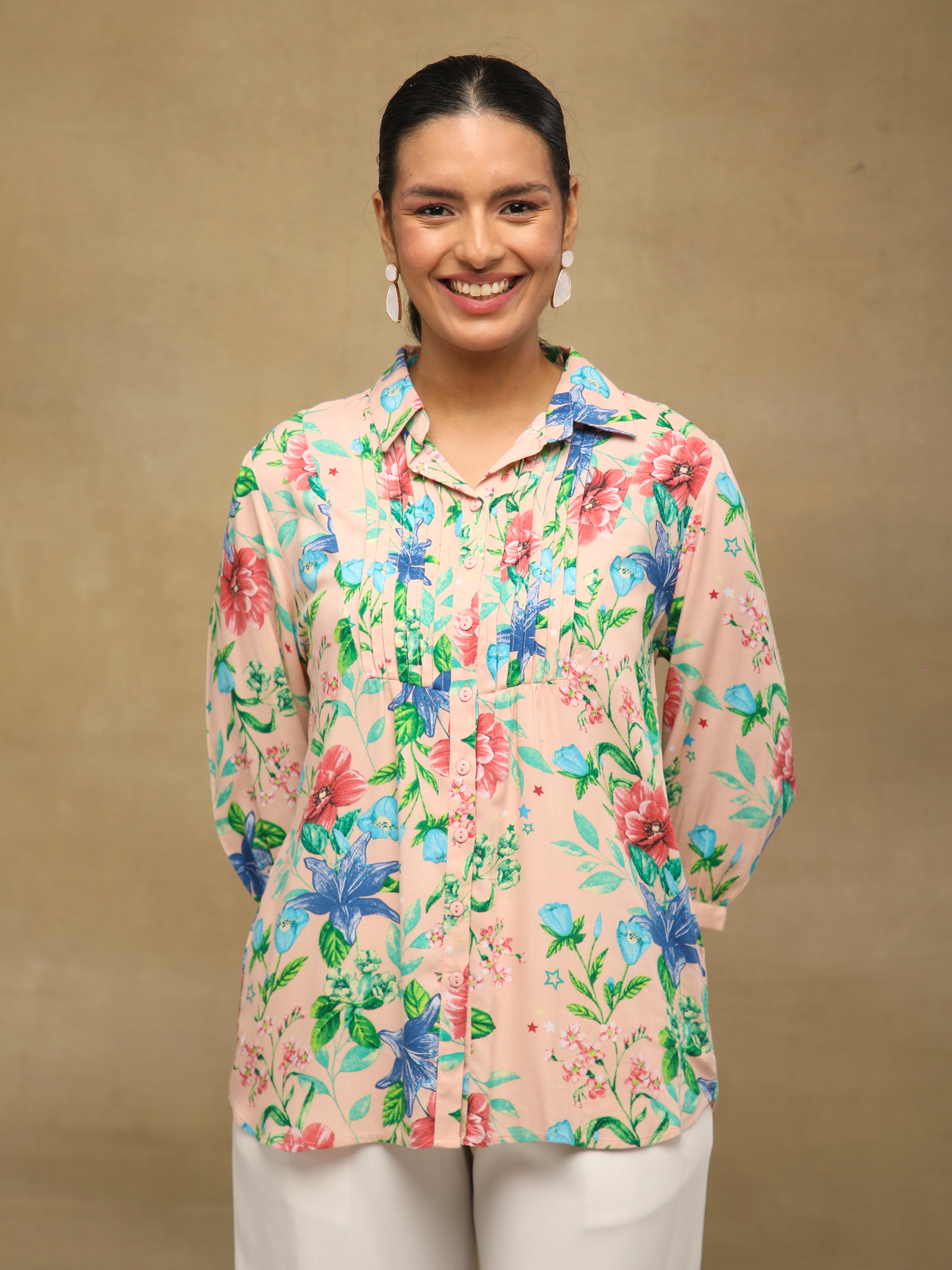 Floral Pintuck Pink Shirt