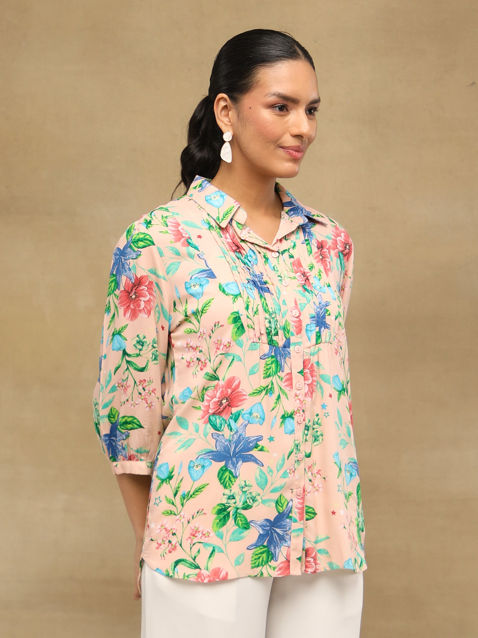 Floral Pintuck Pink Shirt