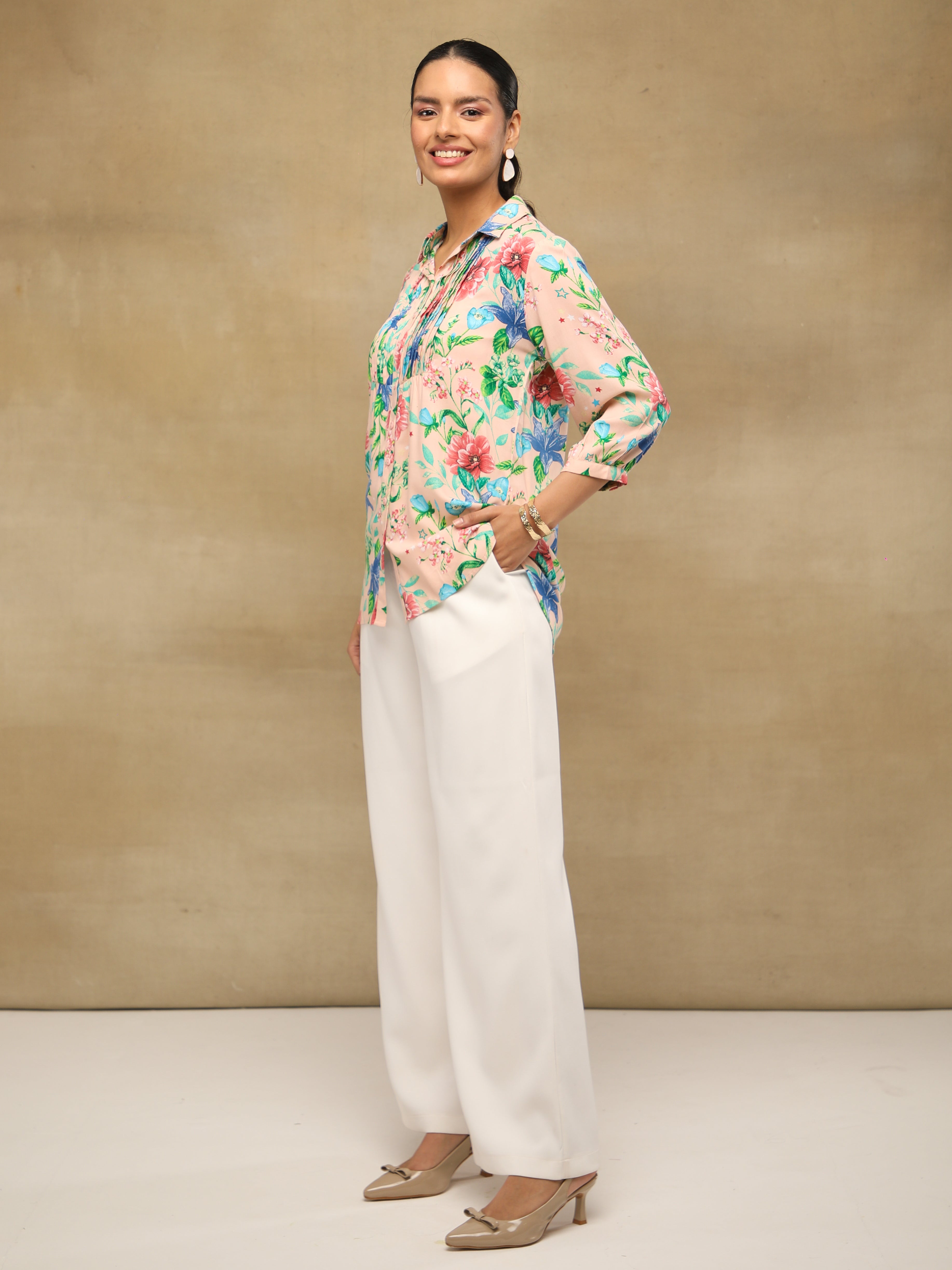 Floral Pintuck Pink Shirt