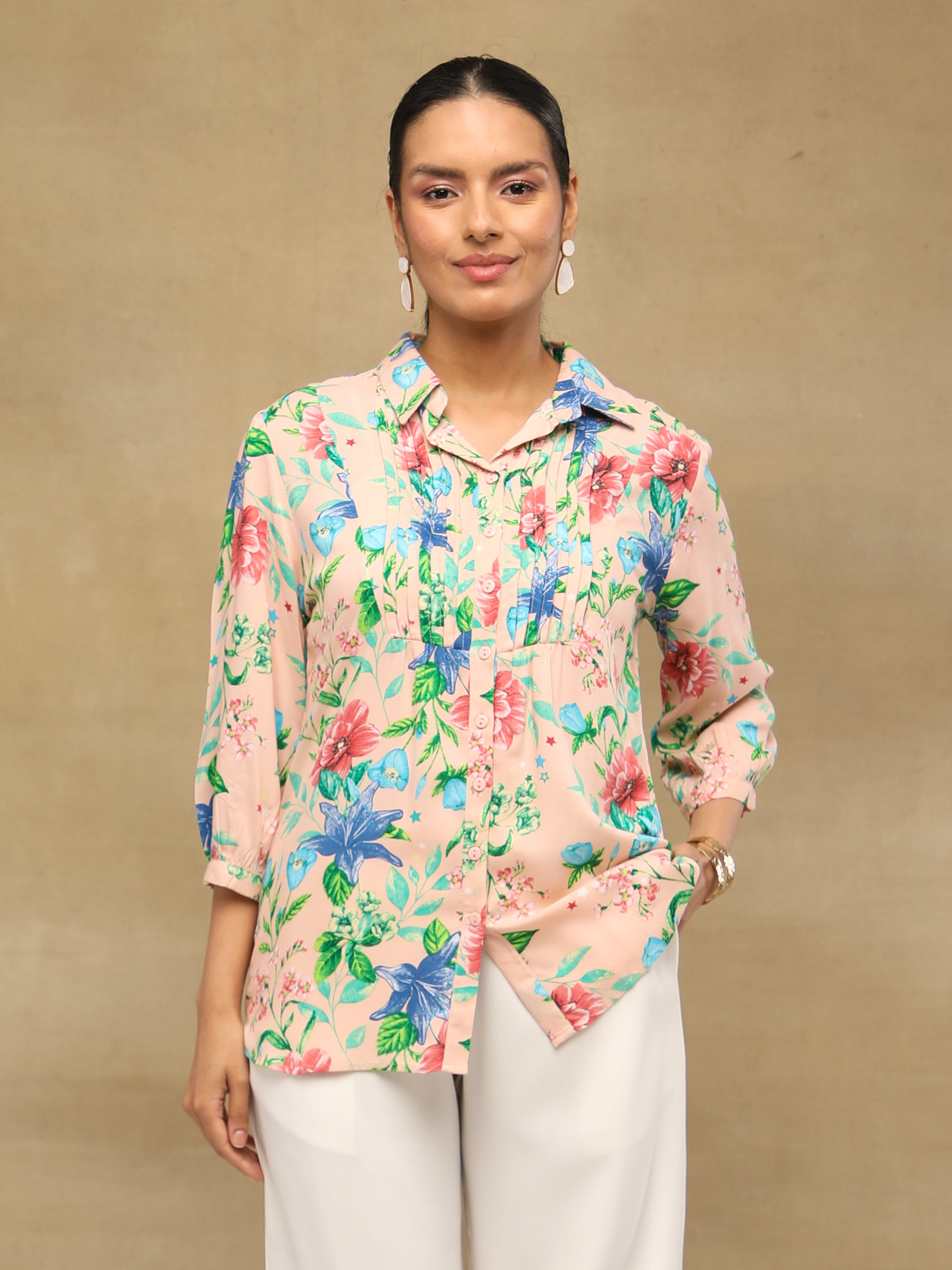 Floral Pintuck Pink Shirt