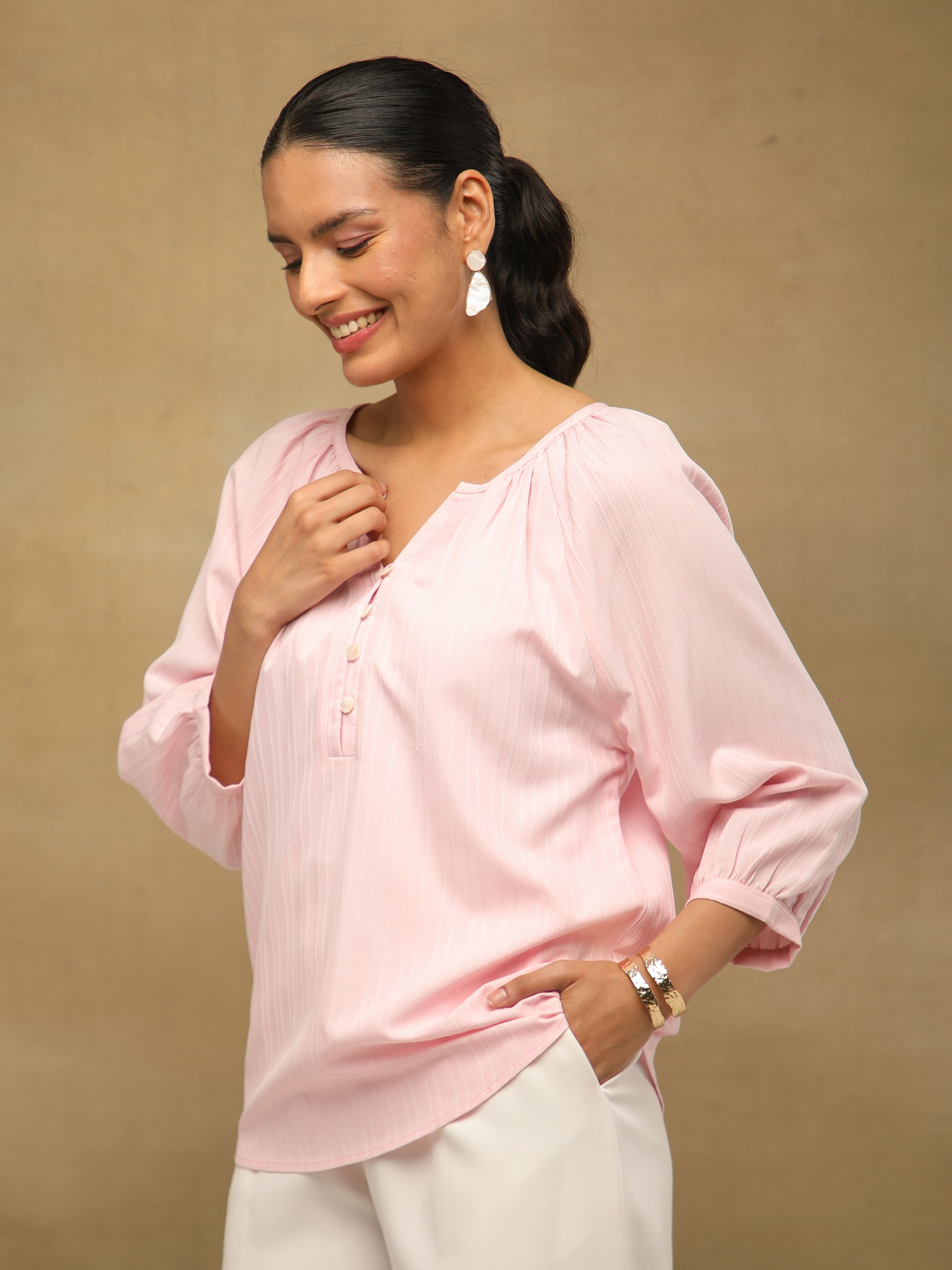 Self Stripe Textured Baby Pink Top