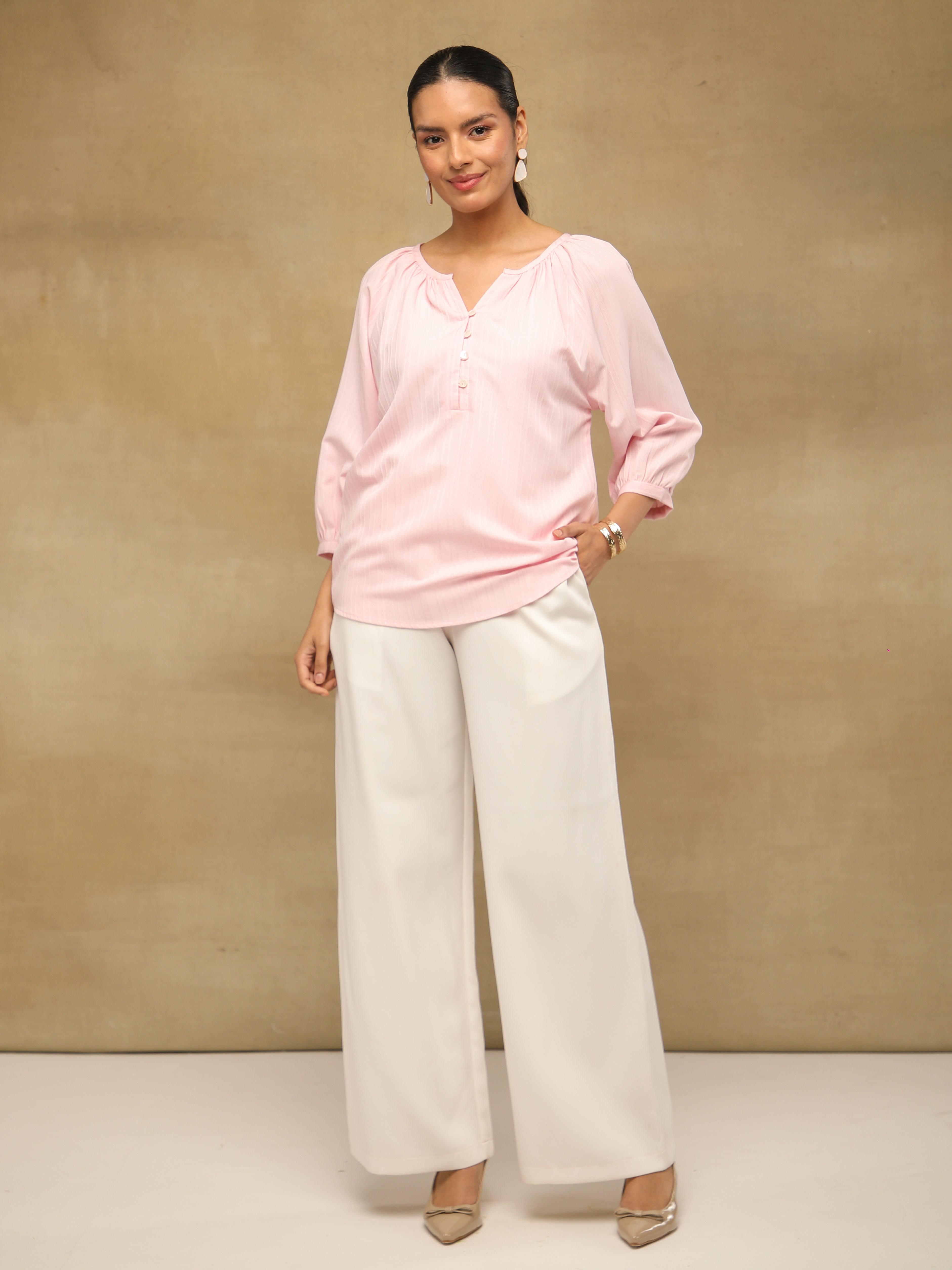 Self Stripe Textured Baby Pink Top