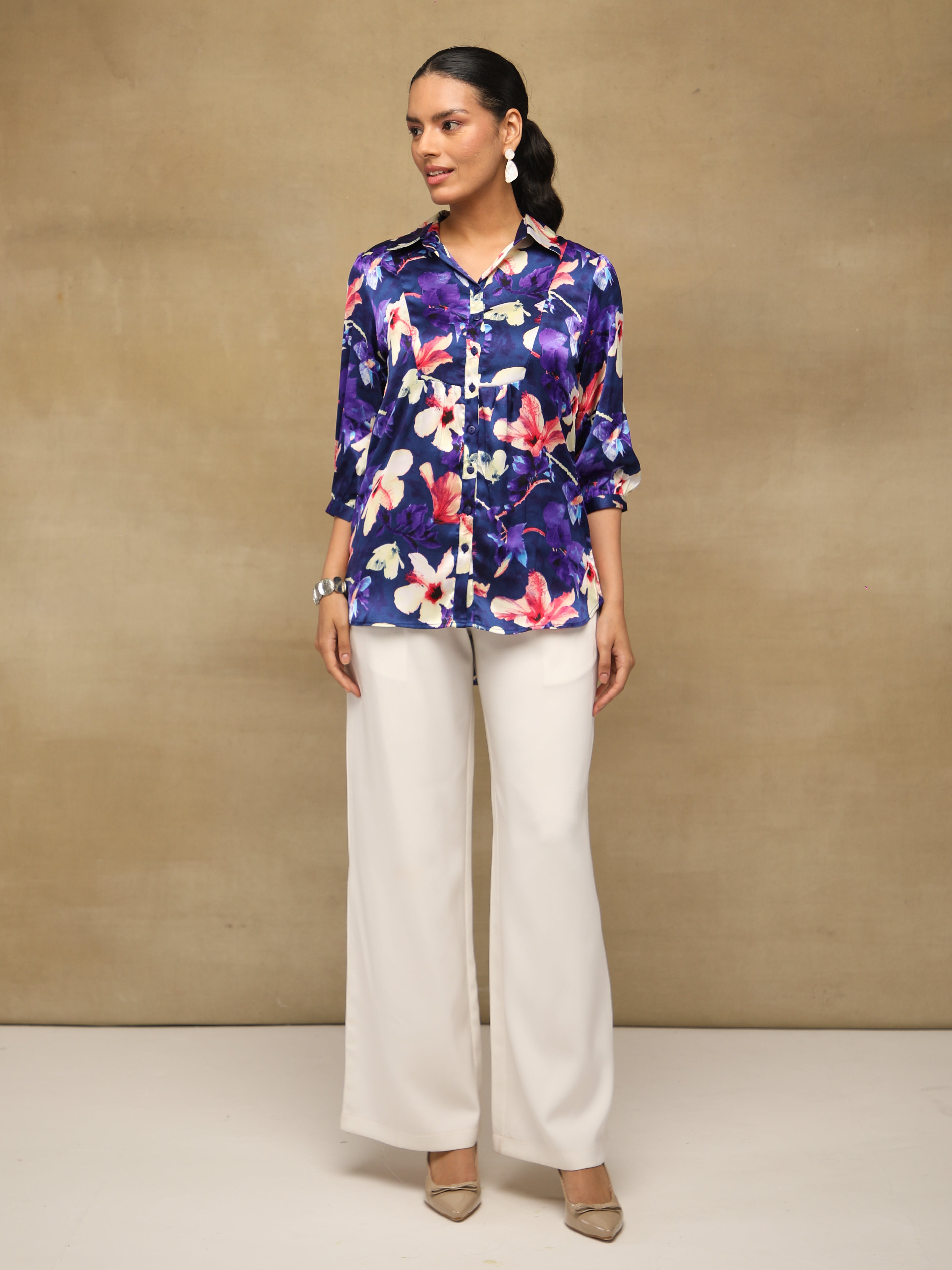 Front Yoke Gather Navy Shirt