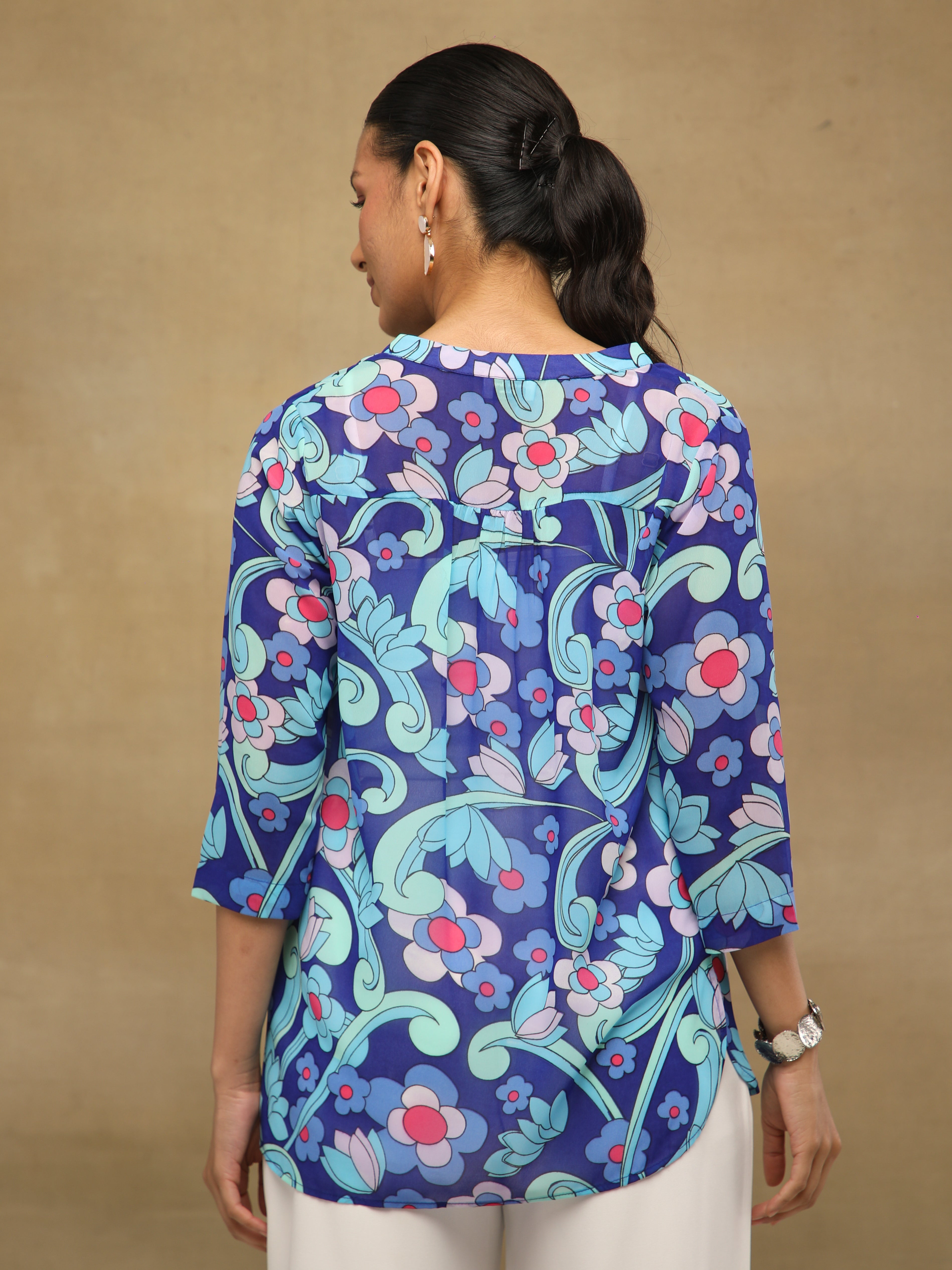 Blue Pleated Printed Top