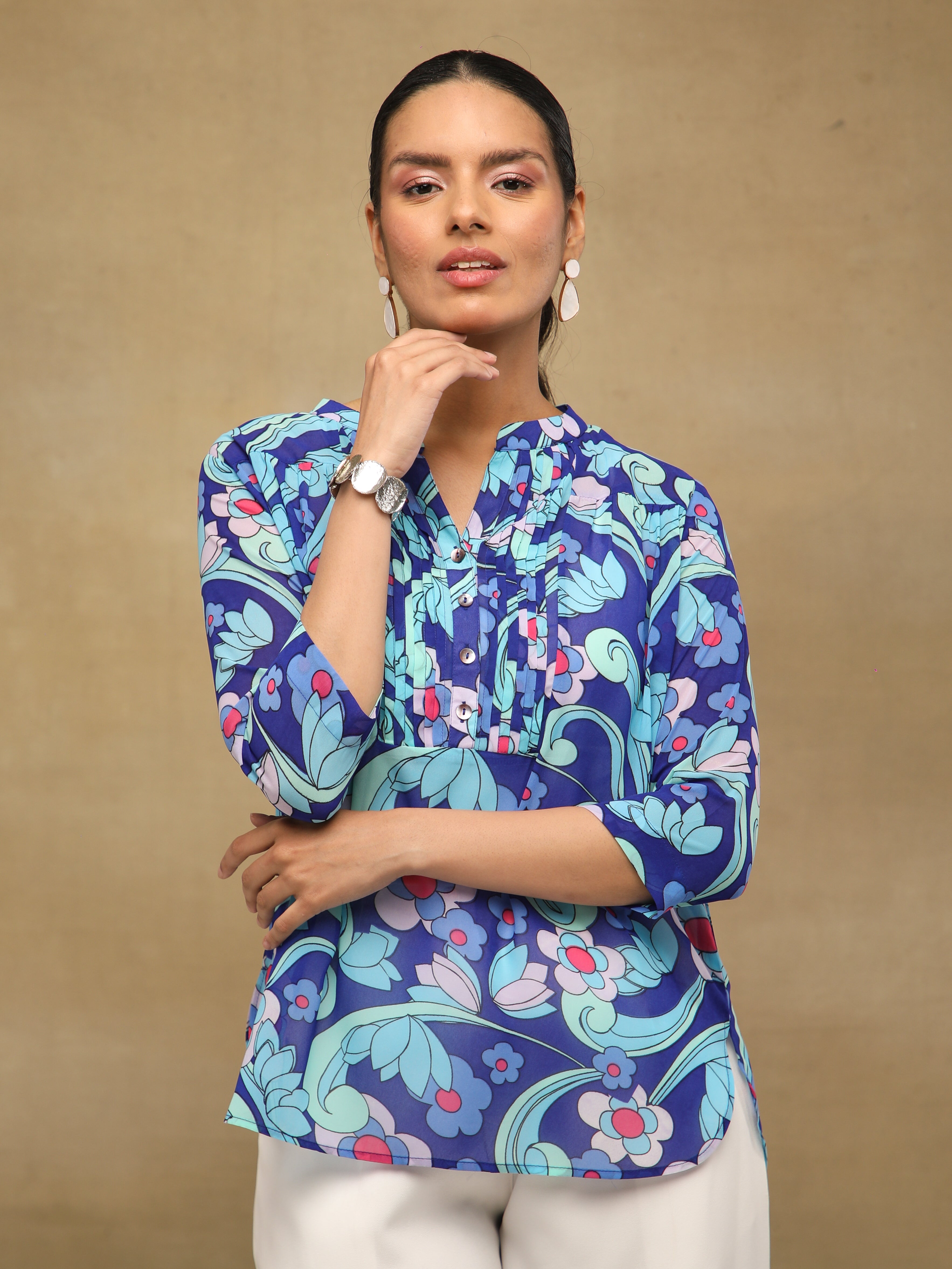 Blue Pleated Printed Top